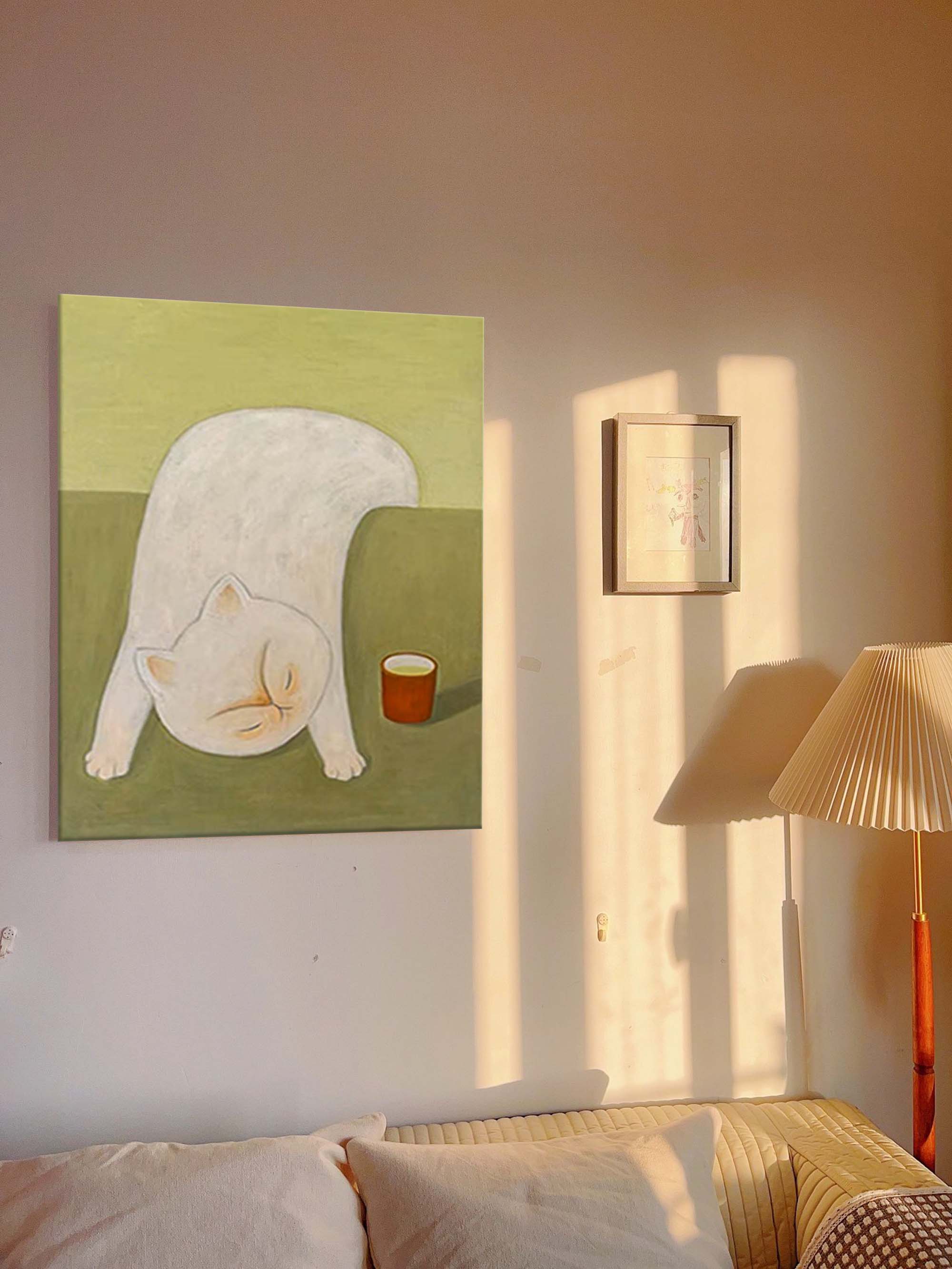 Wallart Playful White Cat with Tea Cup Canvas Art