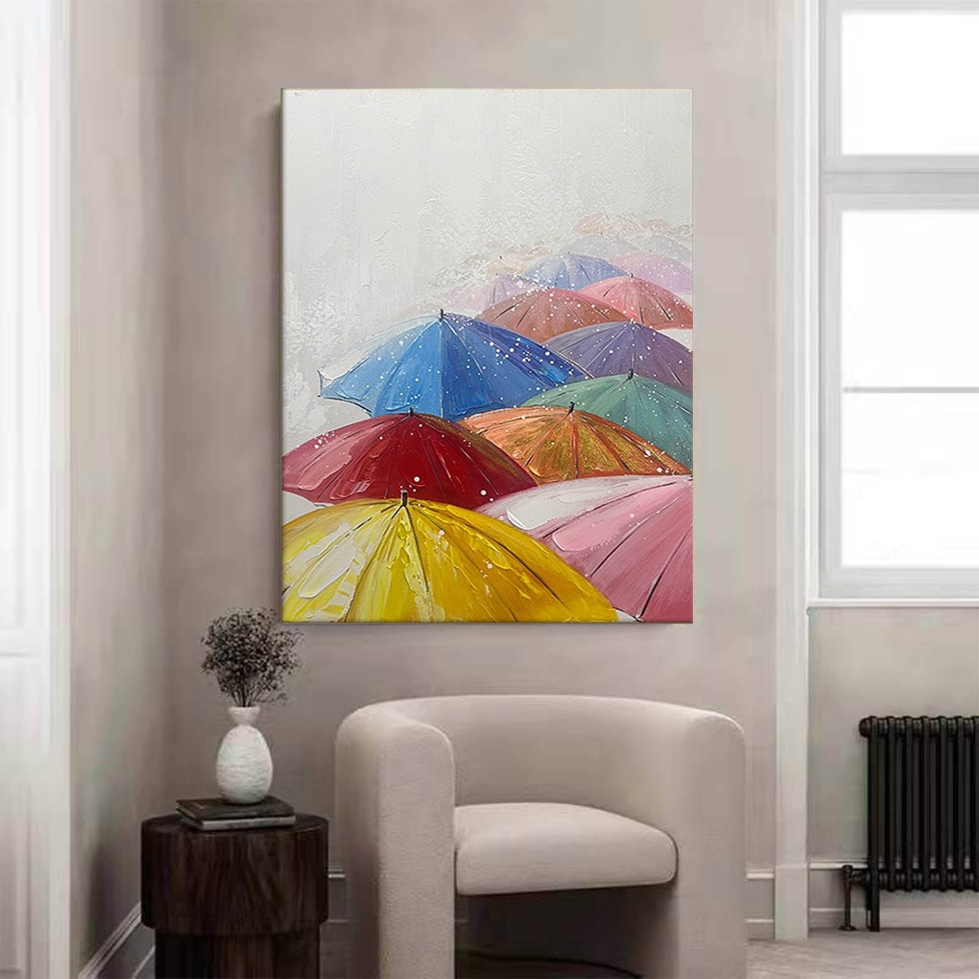 Wallart Colorful Umbrellas in the Rain Canvas Art