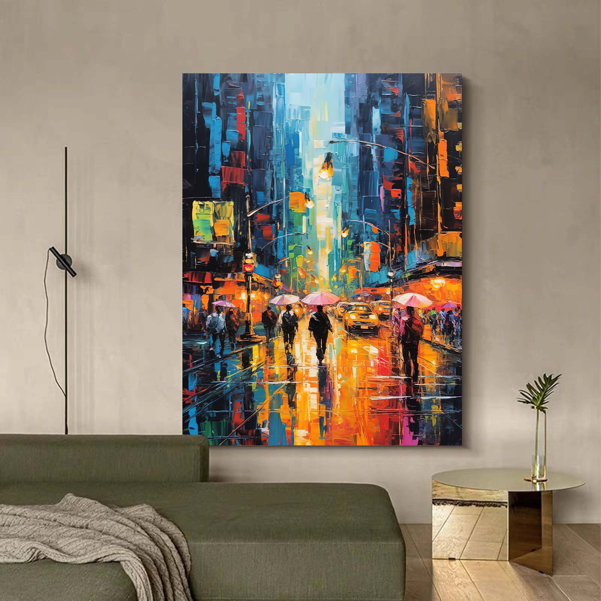 Wallart City Lights Rainy Street Canvas