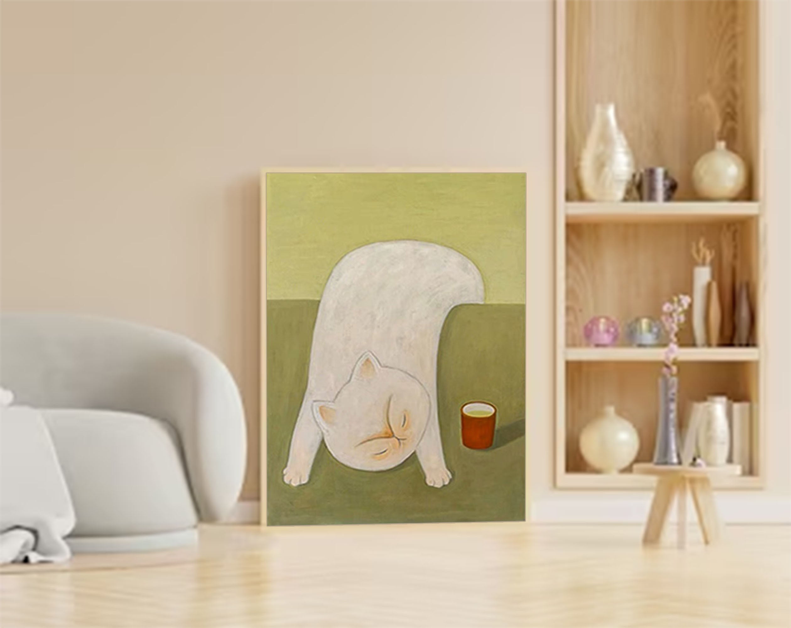 Wallart Playful White Cat with Tea Cup Canvas Art