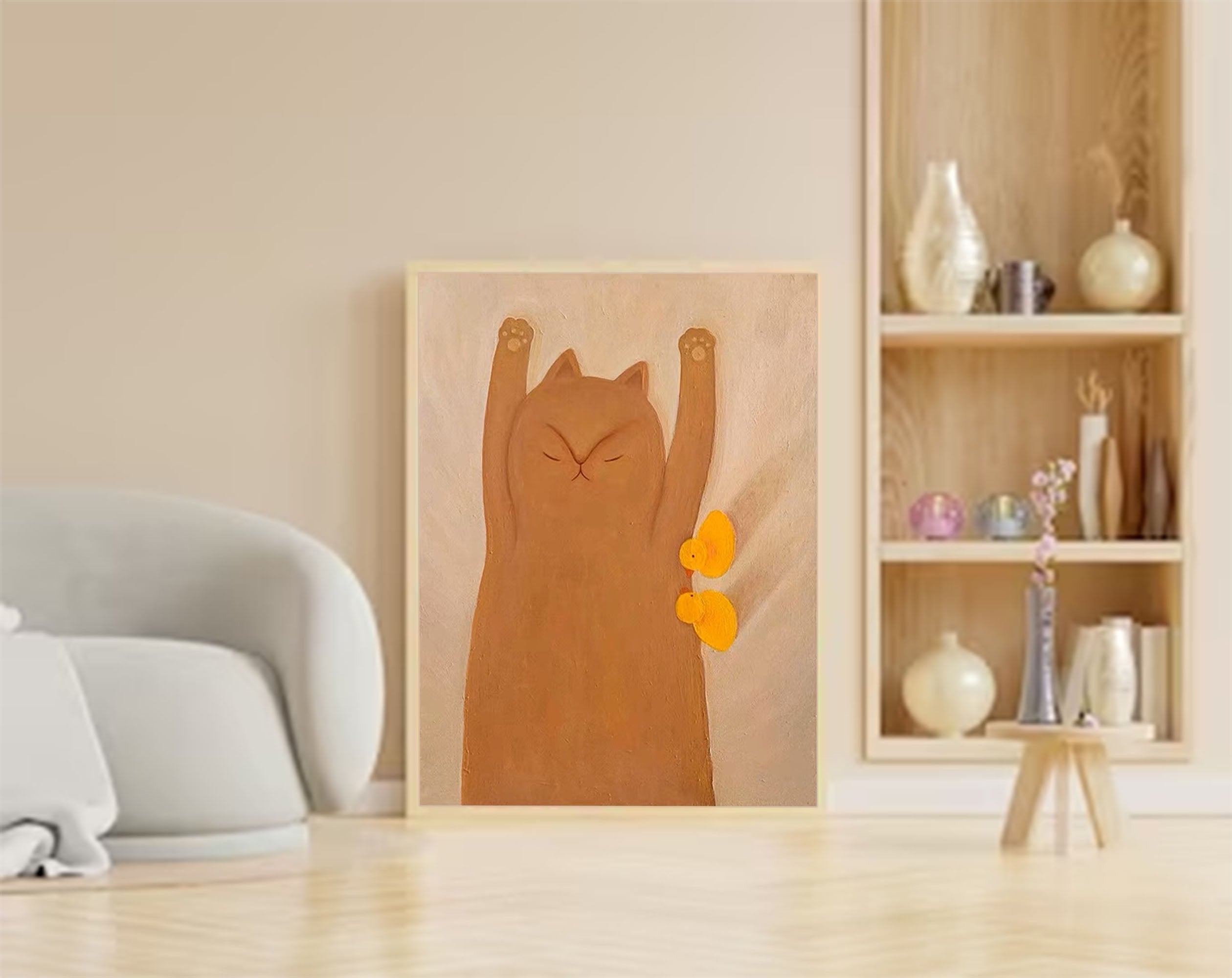 Wallart Adorable Cat and Ducks Minimalist Canvas Art