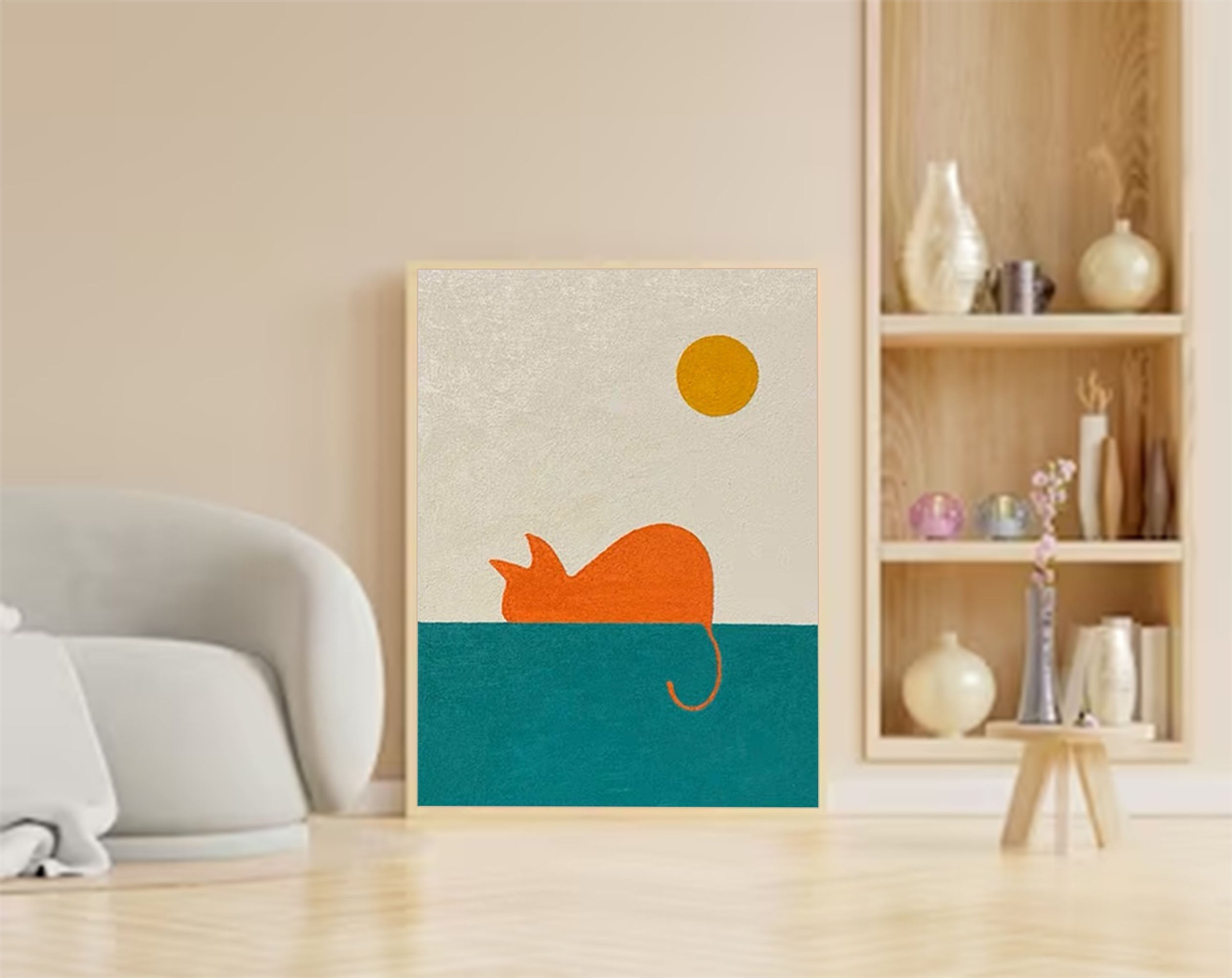 Wallart Minimalist Orange Cat in Sun Canvas Art