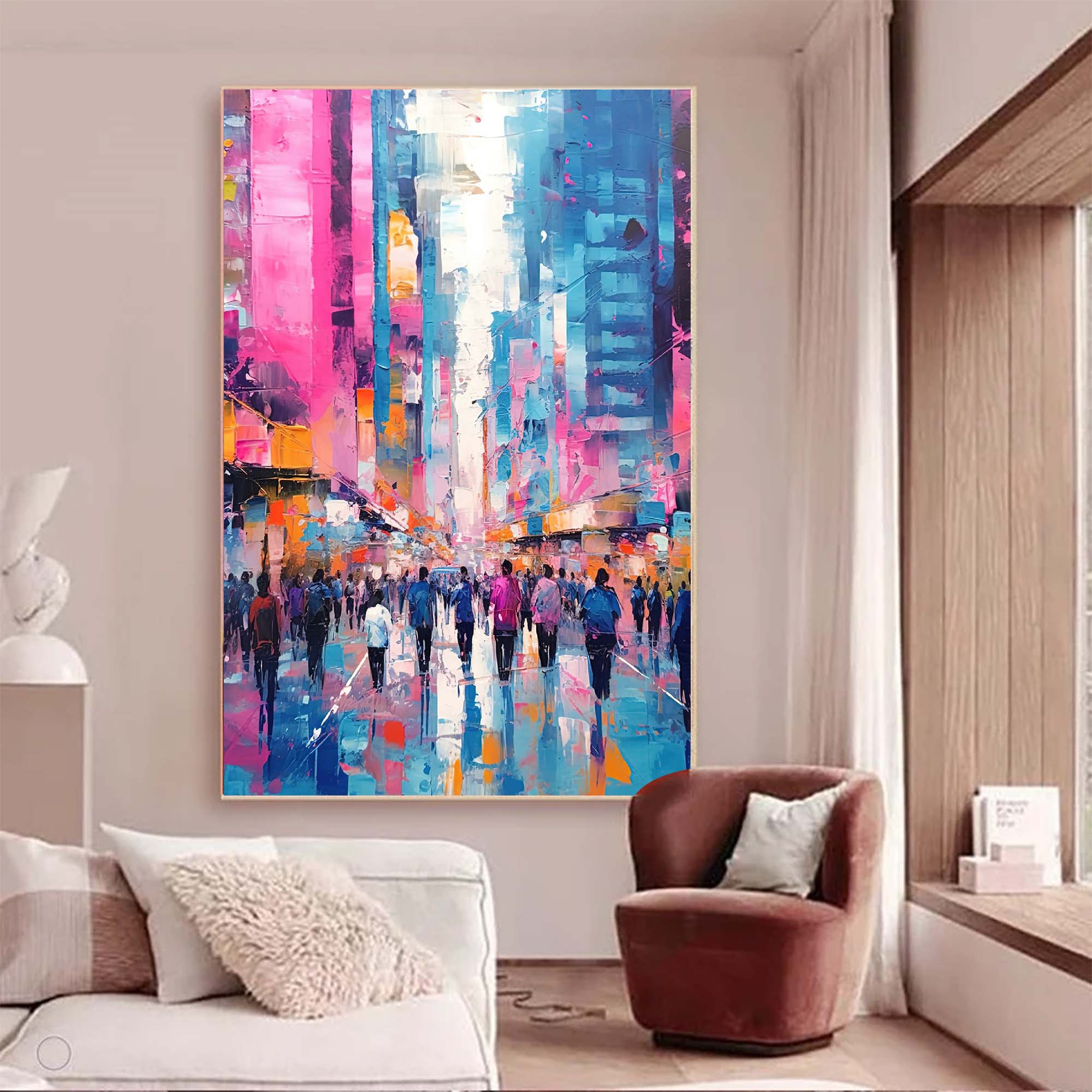 Wallart Vibrant Urban Crowd Abstract Oil Painting