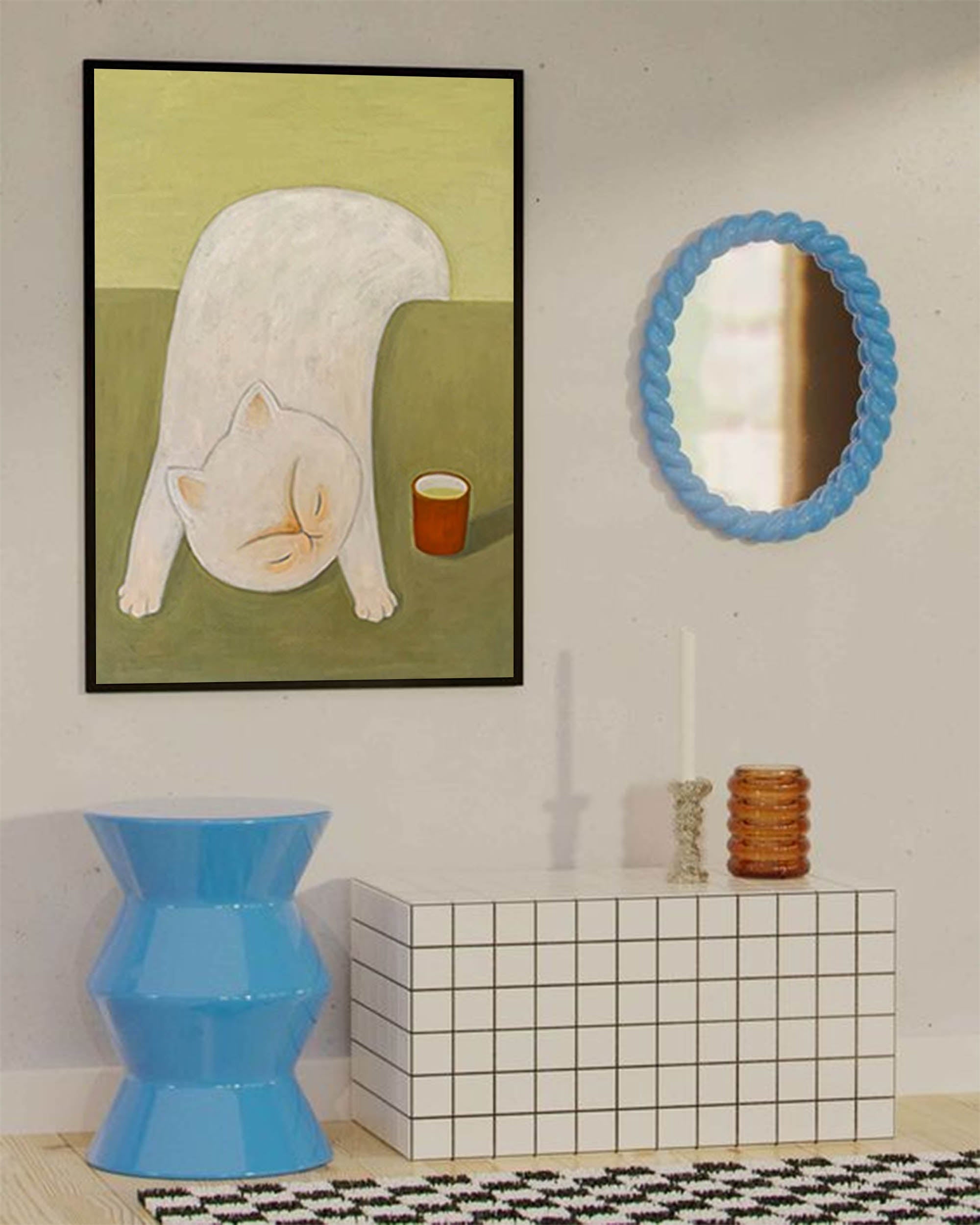 Wallart Playful White Cat with Tea Cup Canvas Art