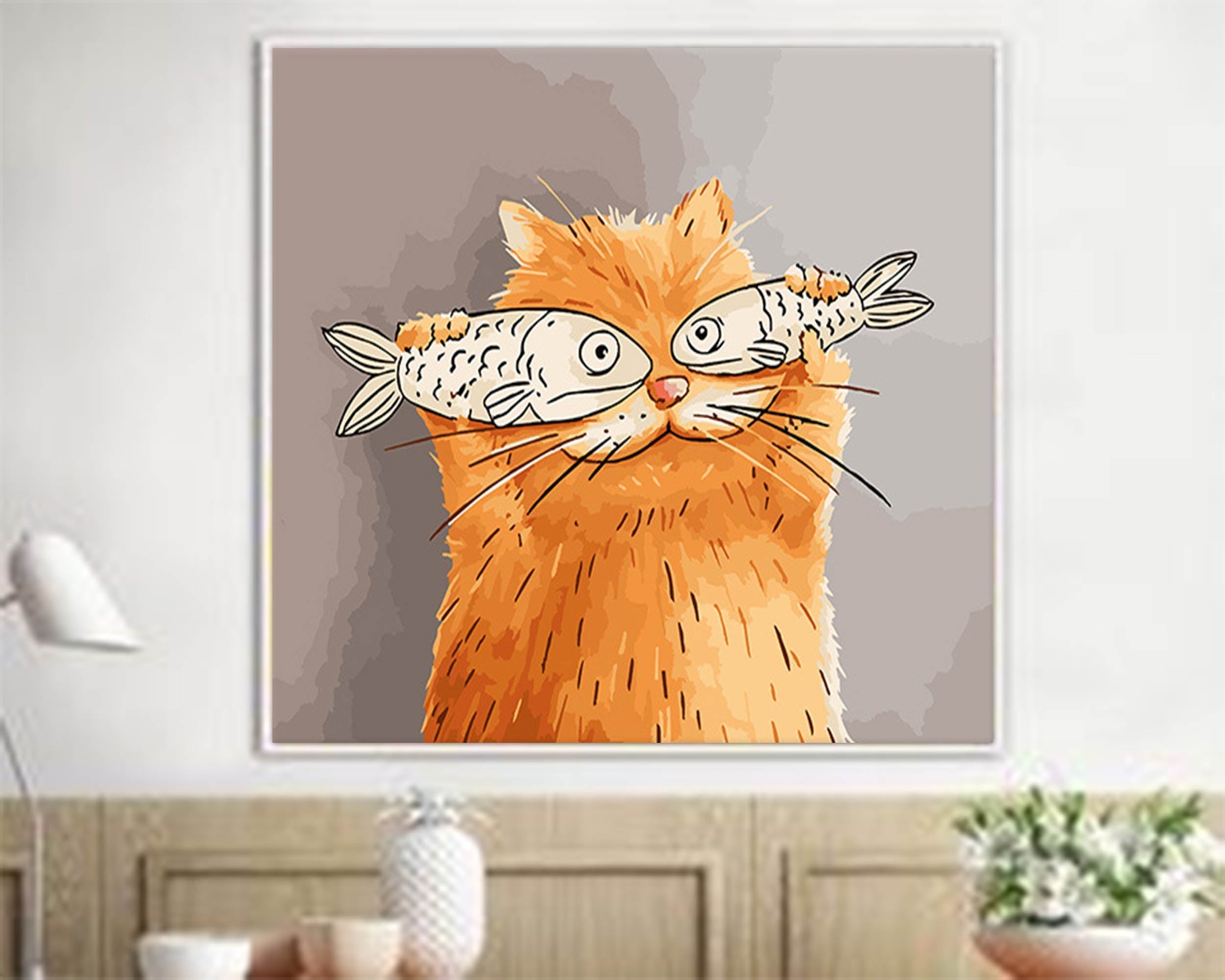 Wallart Whimsical Cat with Fish Art Print