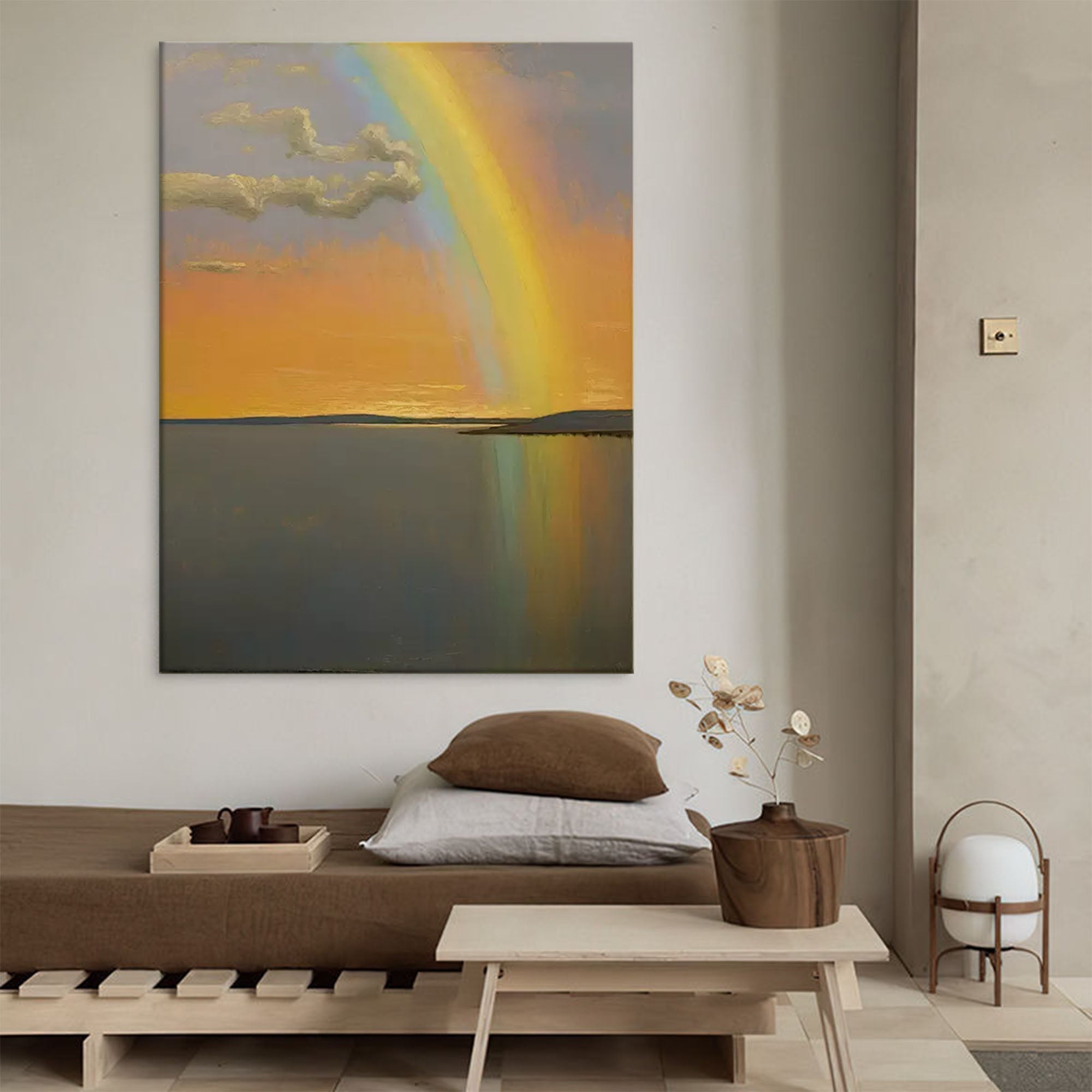 Wallart Sunset Rainbow over Tranquil Waters – Serene Landscape Painting