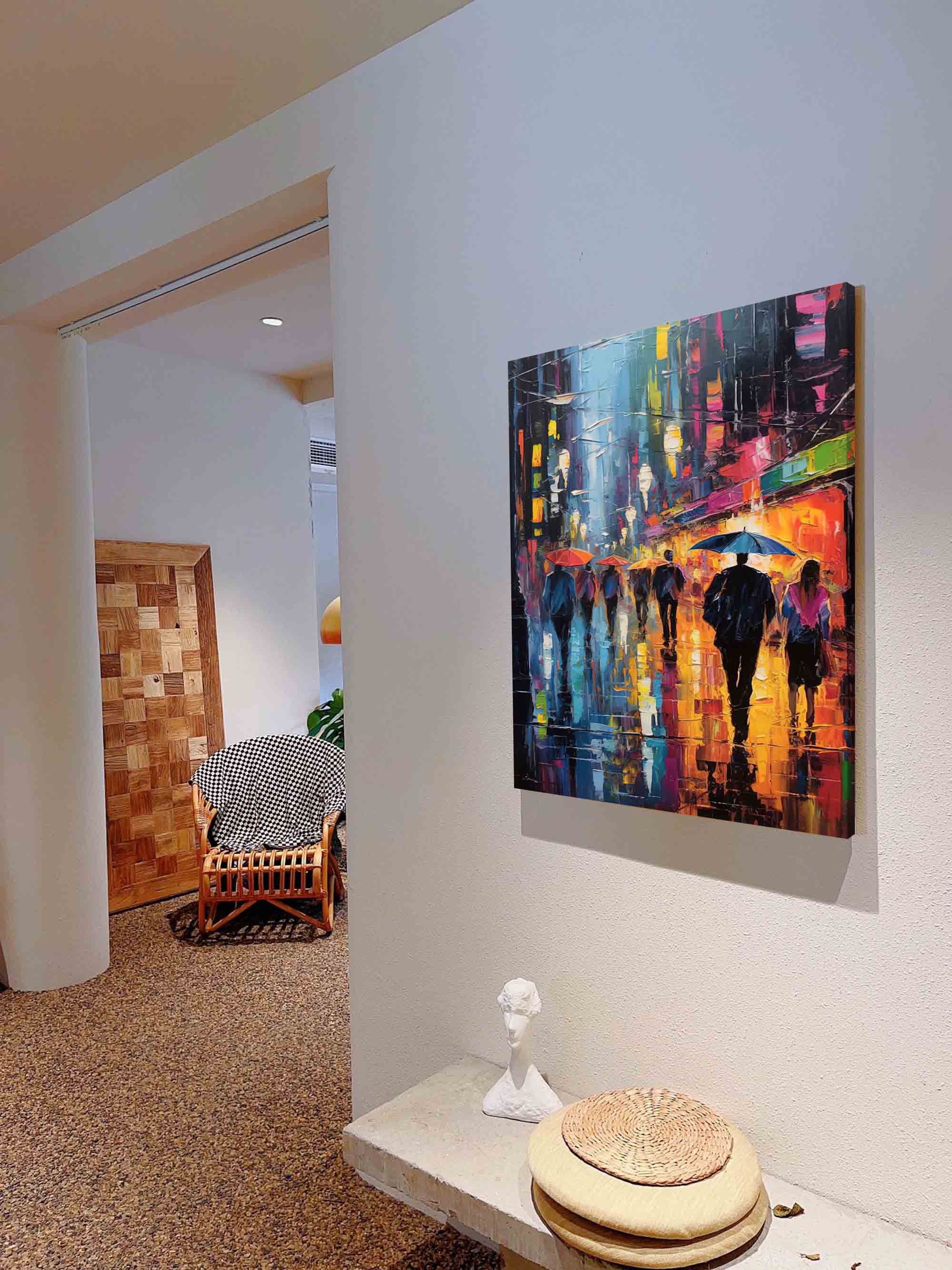 Wallart Rainy Night City Stroll Oil Painting