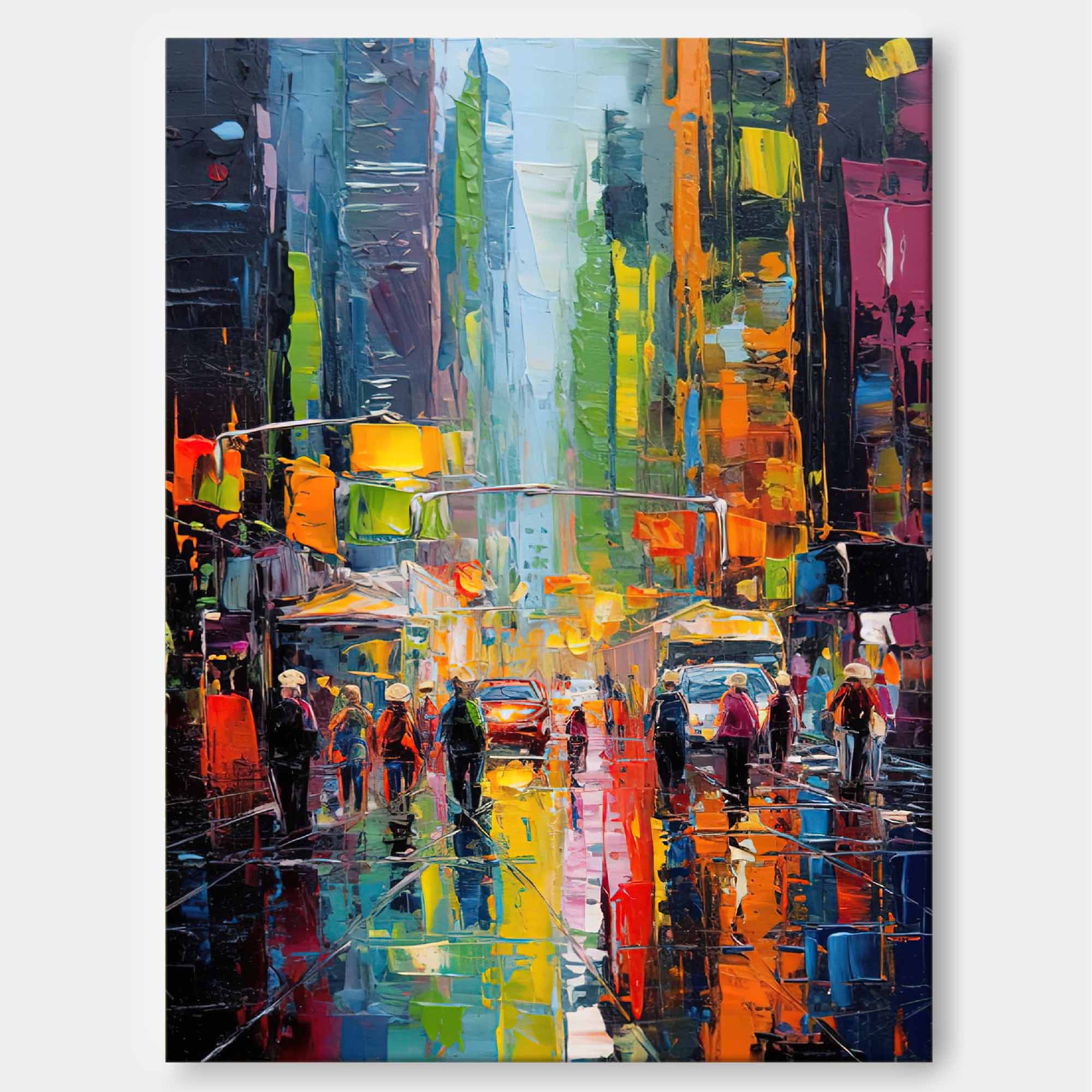 Wallart Rainy City Night Lights Oil Painting
