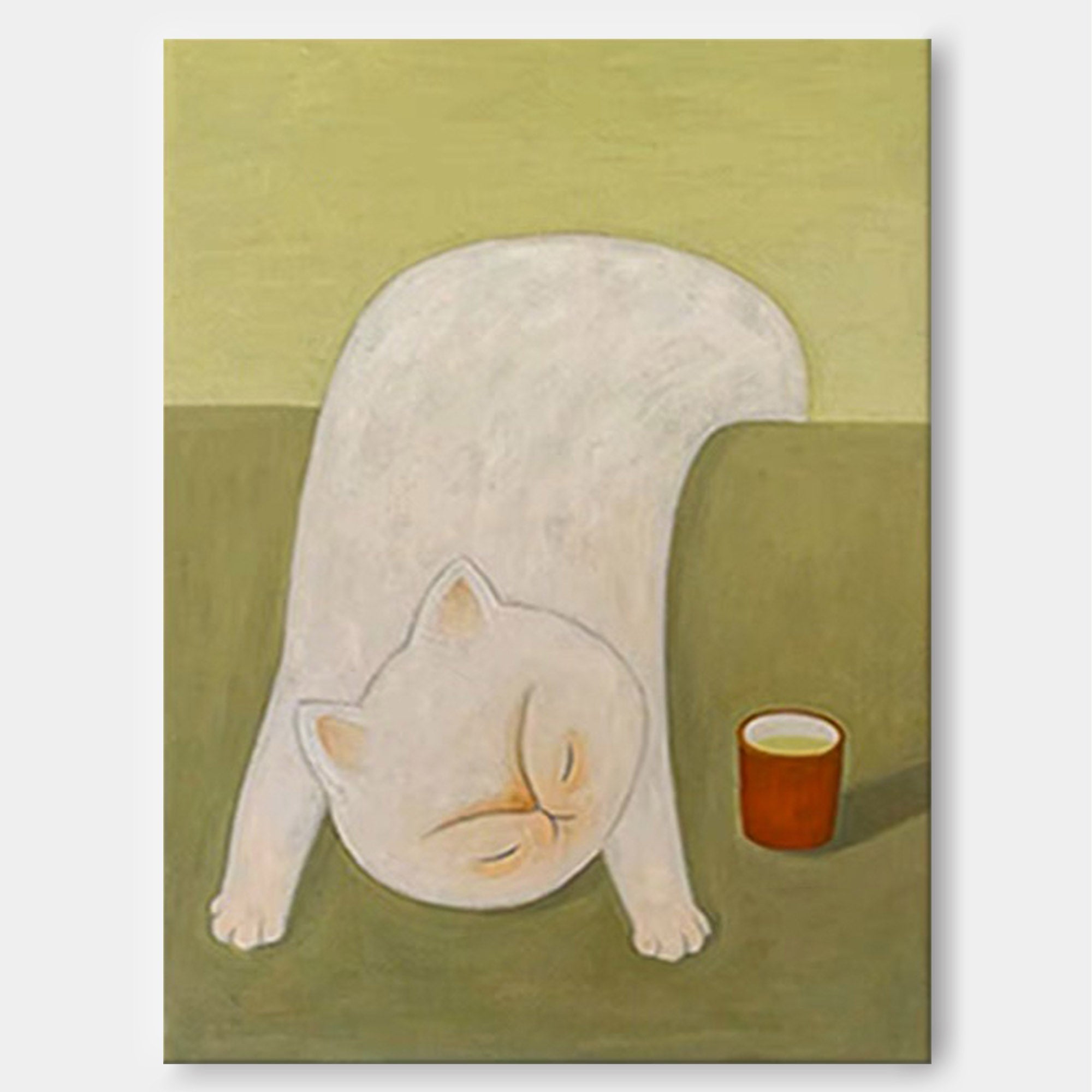 Wallart Playful White Cat with Tea Cup Canvas Art