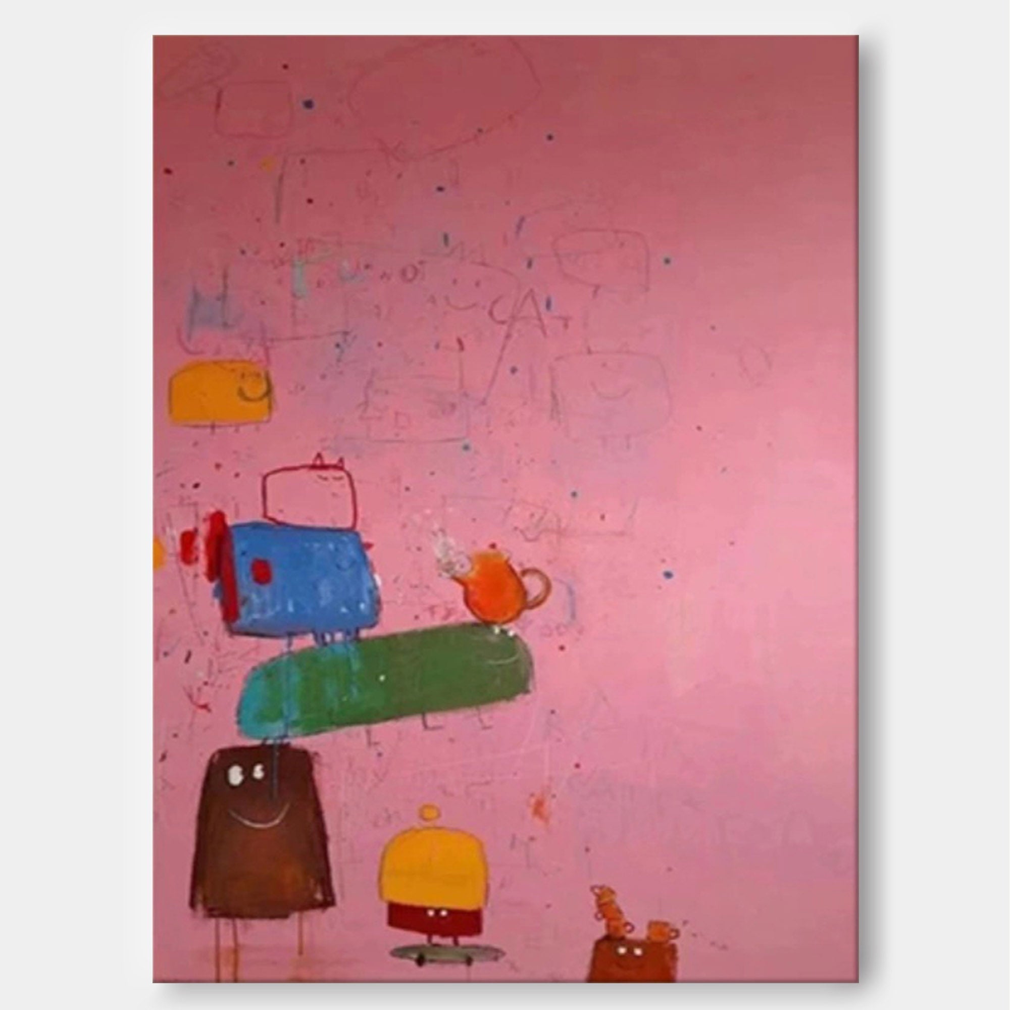 Wallart Playful Stacked Characters Pink Abstract Canvas Art