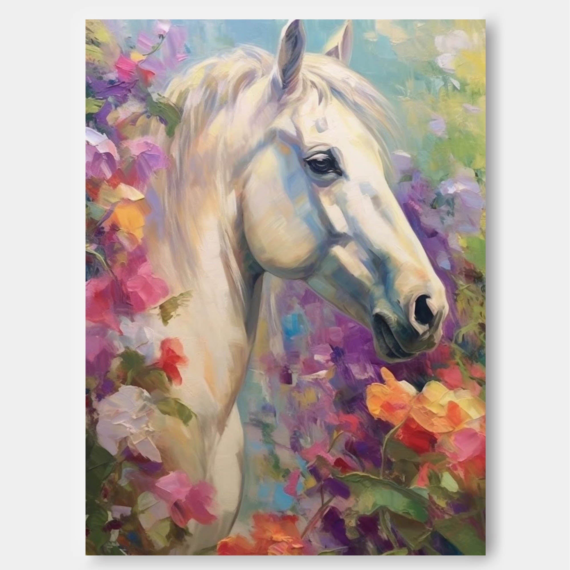 Wallart Graceful White Horse in Floral Harmony