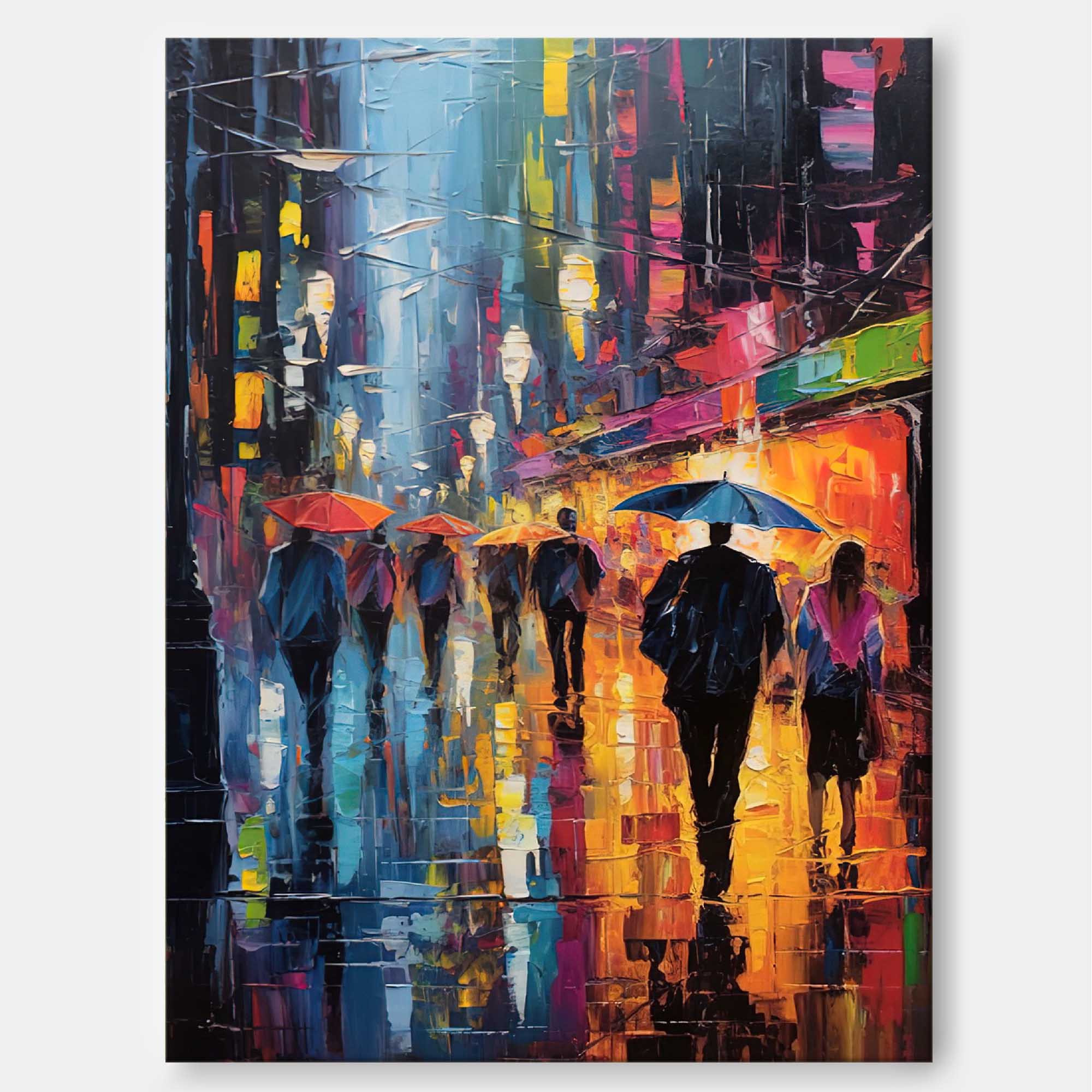 Wallart Rainy Night City Stroll Oil Painting