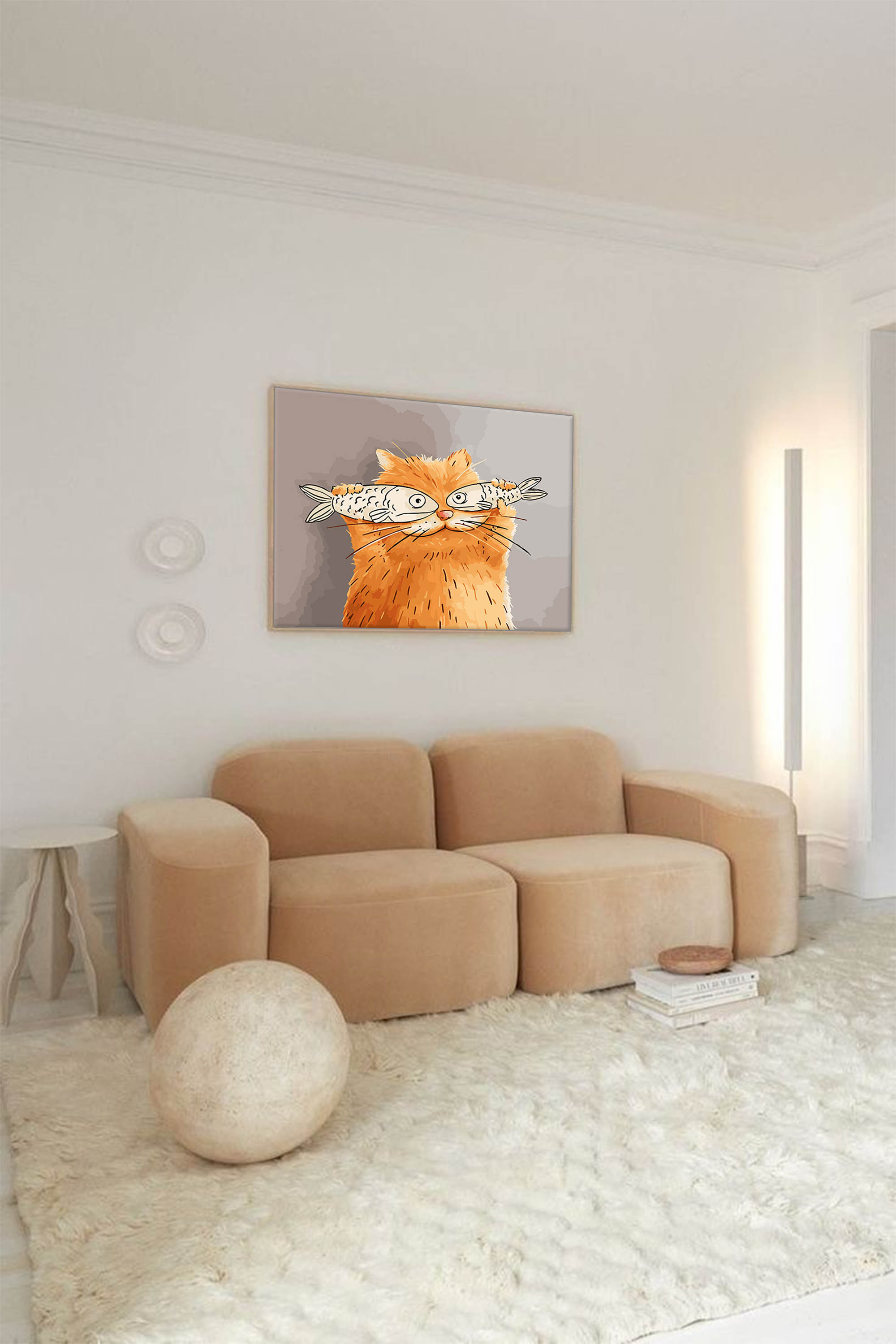 Wallart Whimsical Cat with Fish Art Print