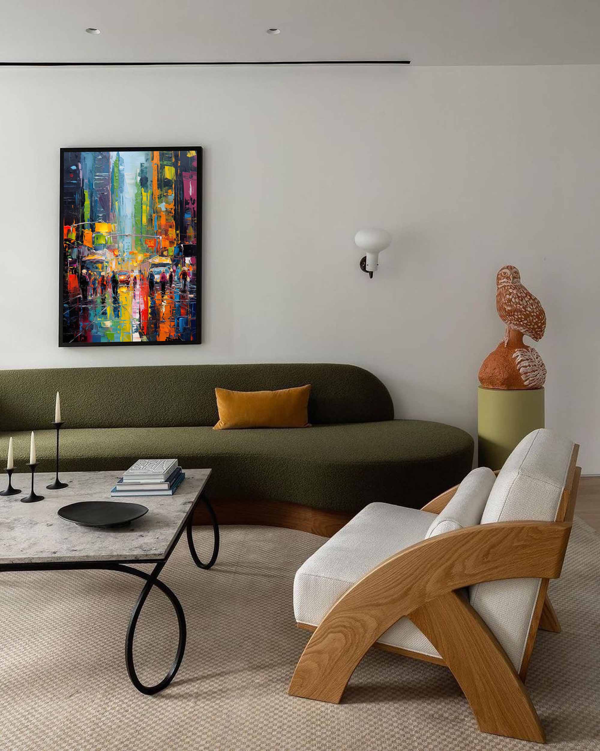 Wallart Rainy City Night Lights Oil Painting