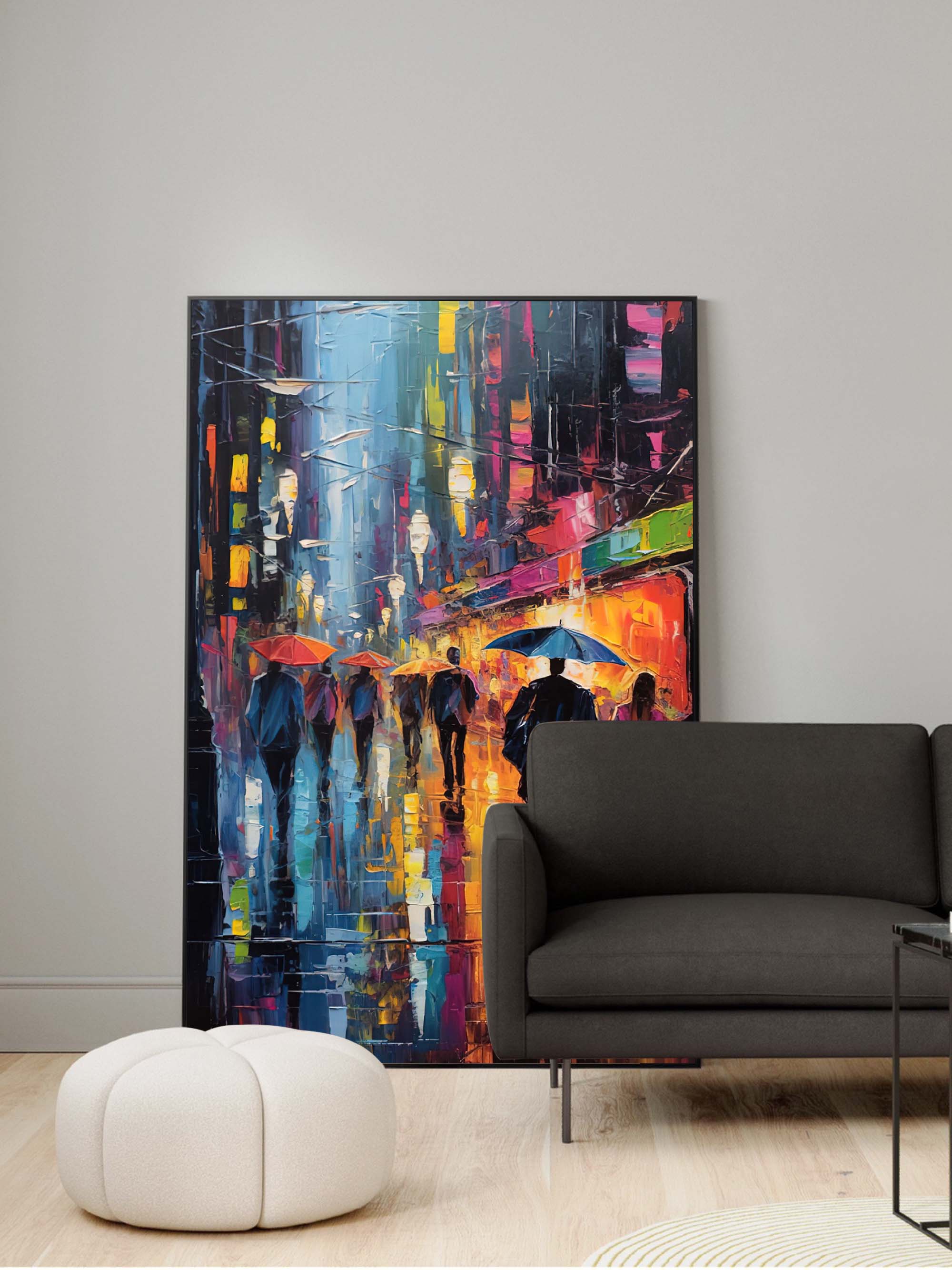 Wallart Rainy Night City Stroll Oil Painting