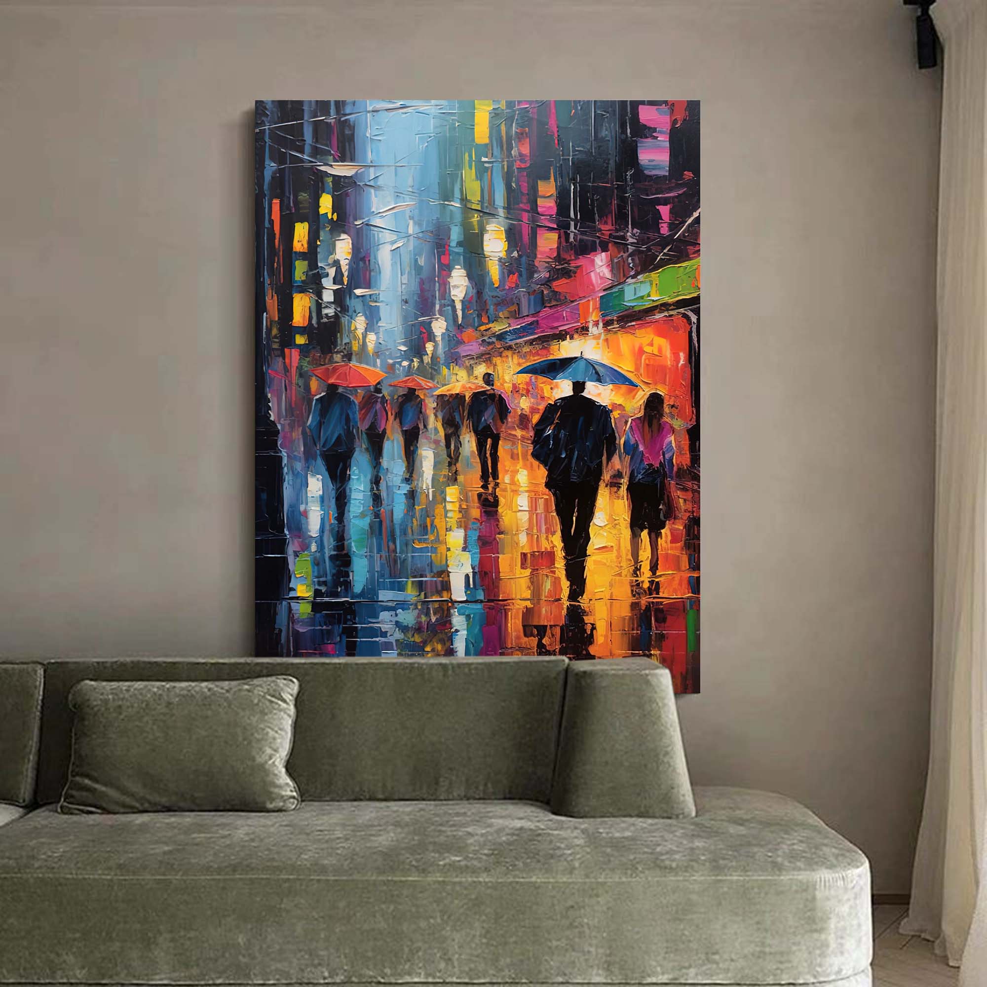 Wallart Rainy Night City Stroll Oil Painting