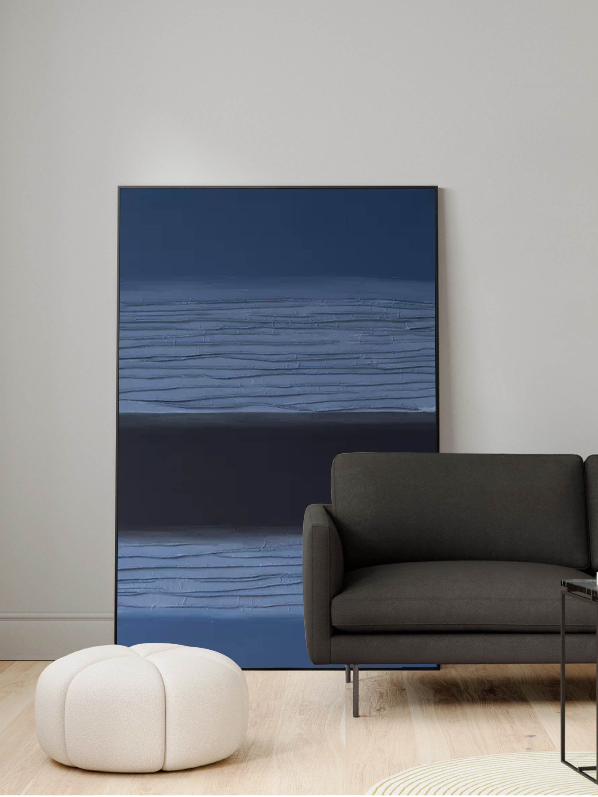 Wallart Modern Blue and Black Minimalist Oil Painting – Textured Abstract Art