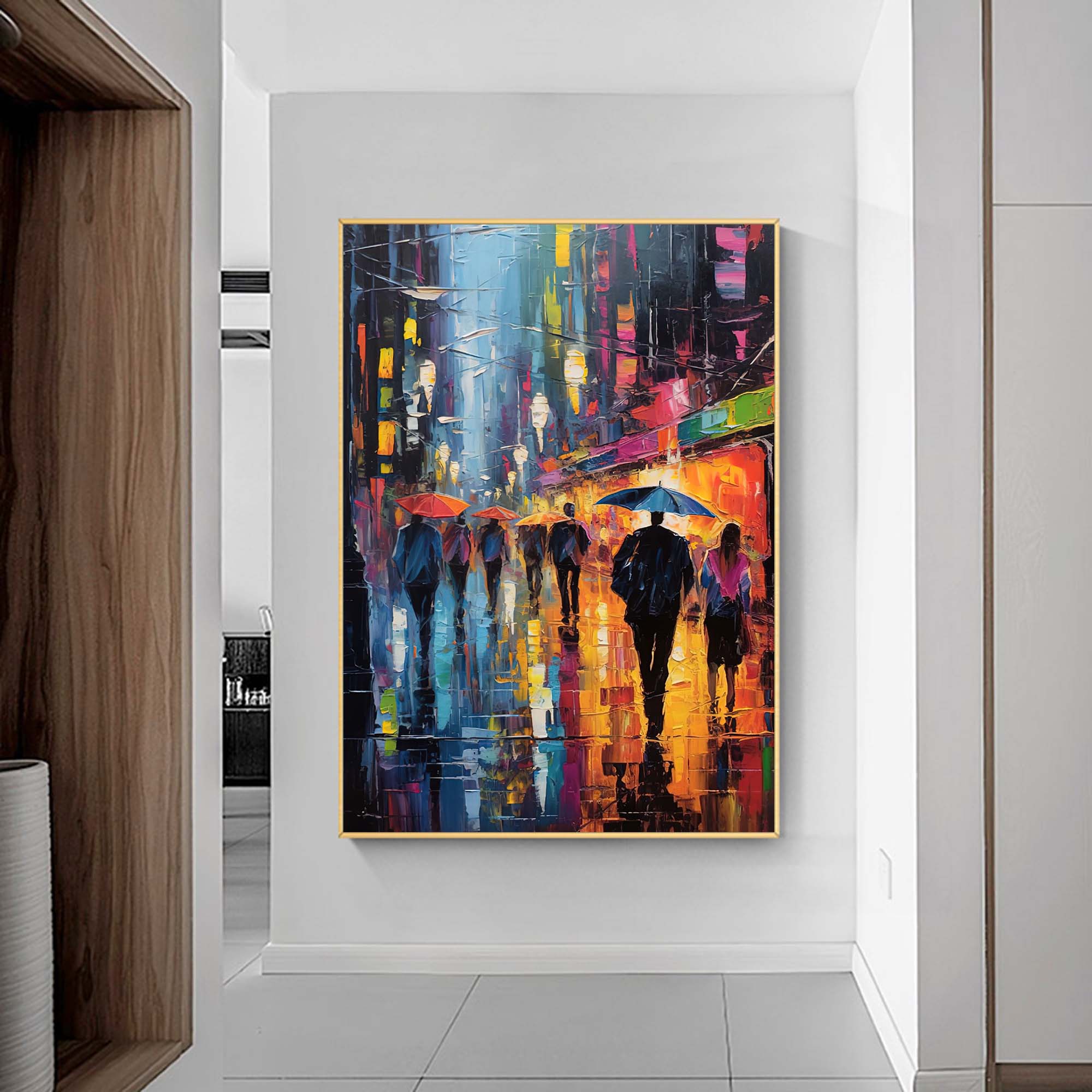 Wallart Rainy Night City Stroll Oil Painting