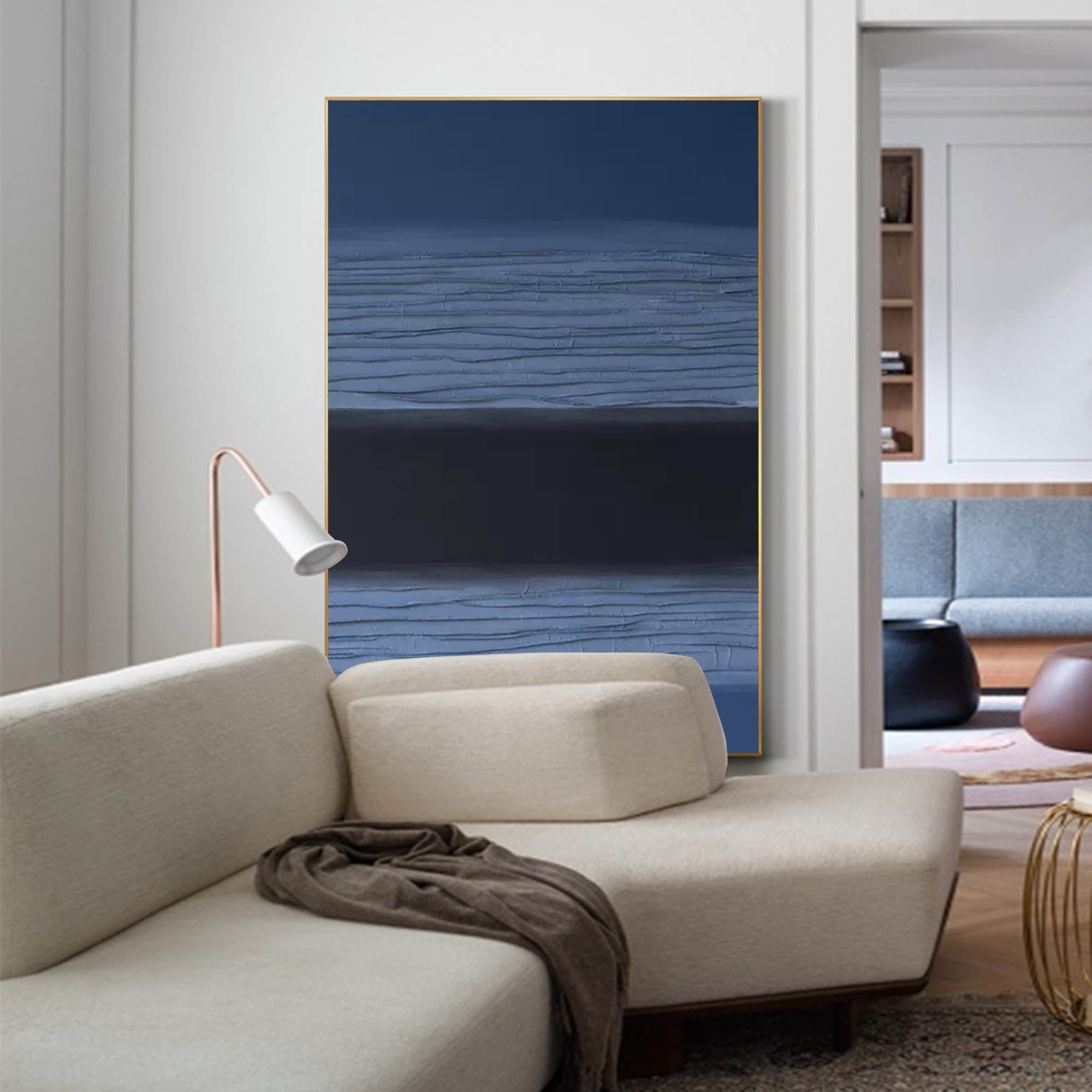 Wallart Modern Blue and Black Minimalist Oil Painting – Textured Abstract Art