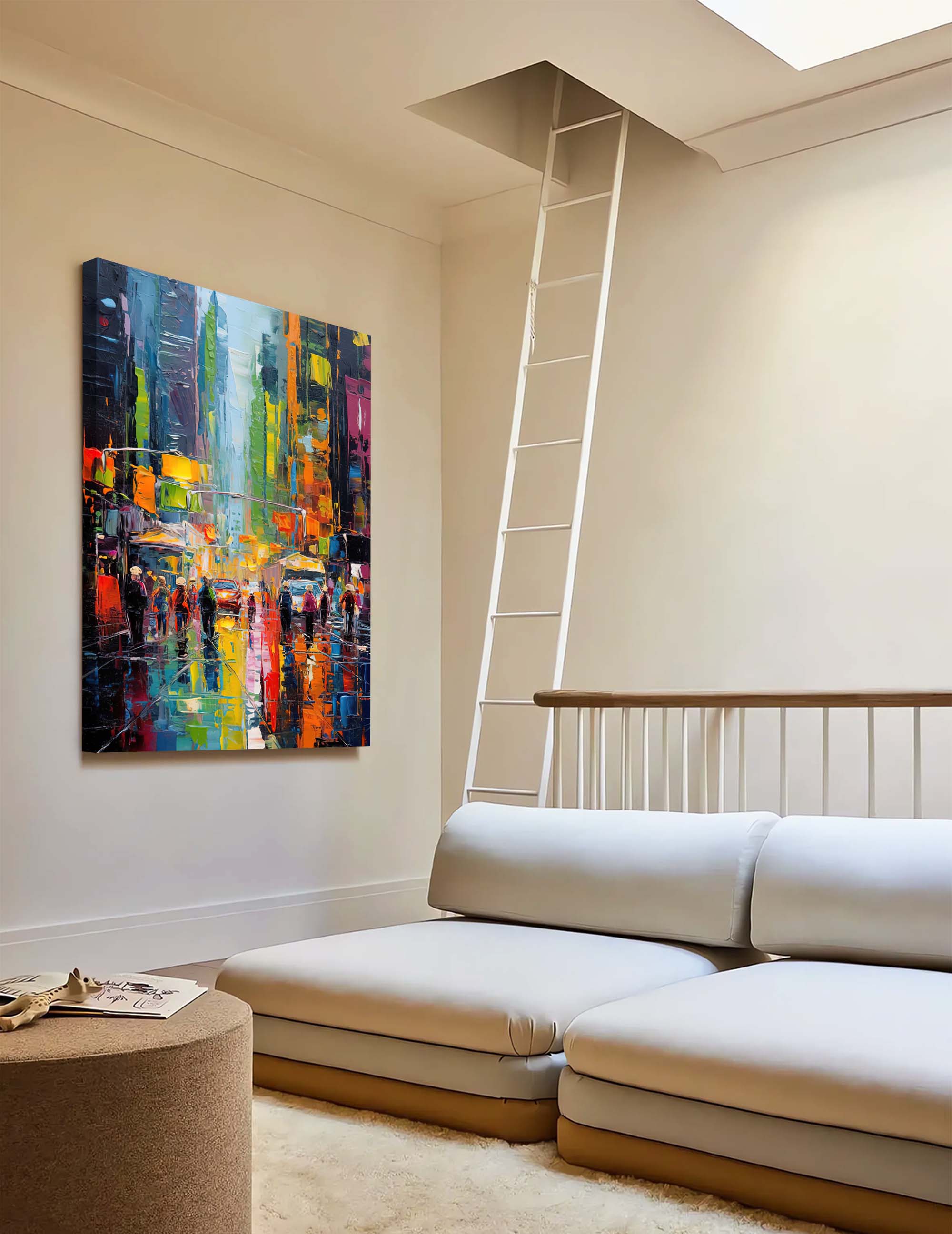 Wallart Rainy City Night Lights Oil Painting