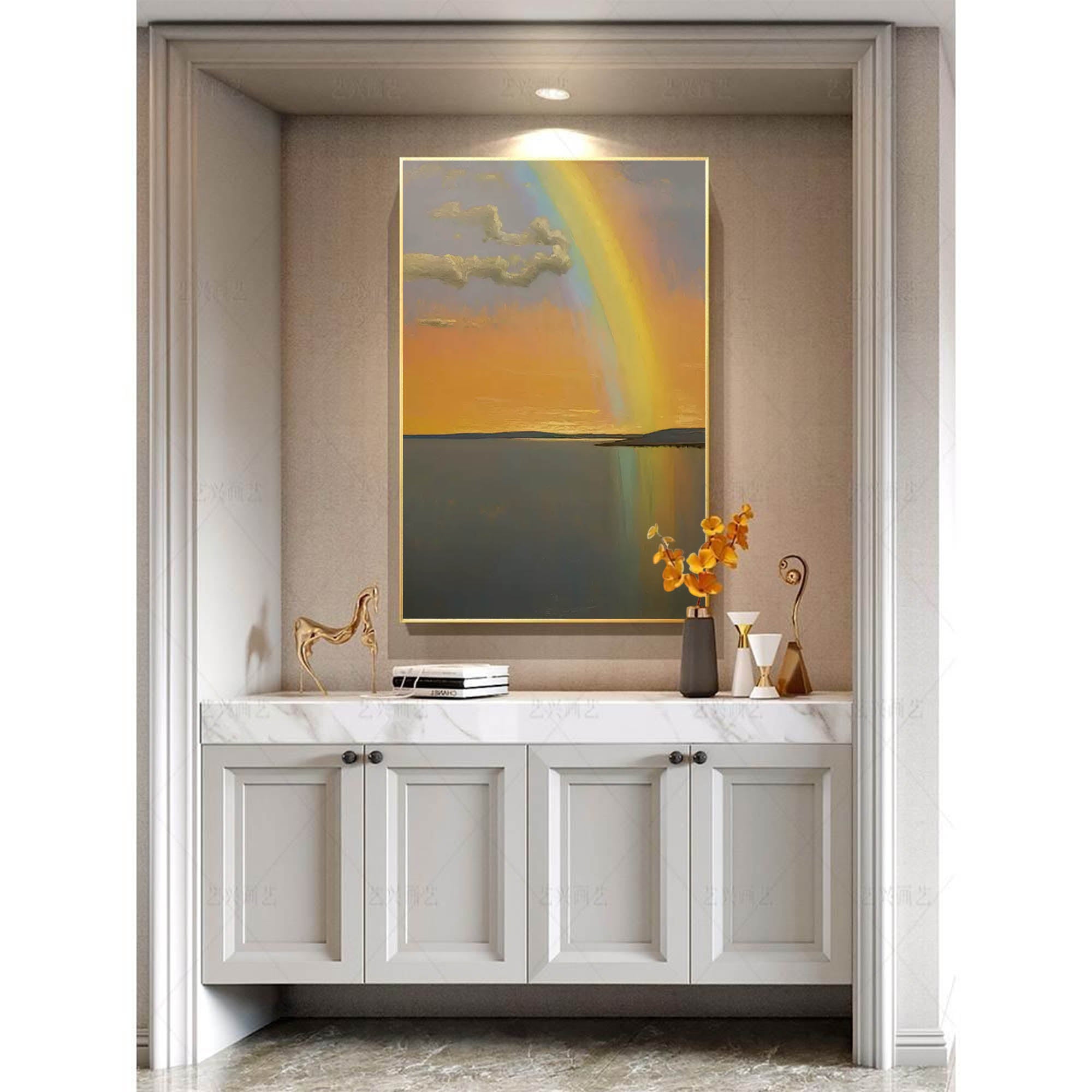 Wallart Sunset Rainbow over Tranquil Waters – Serene Landscape Painting