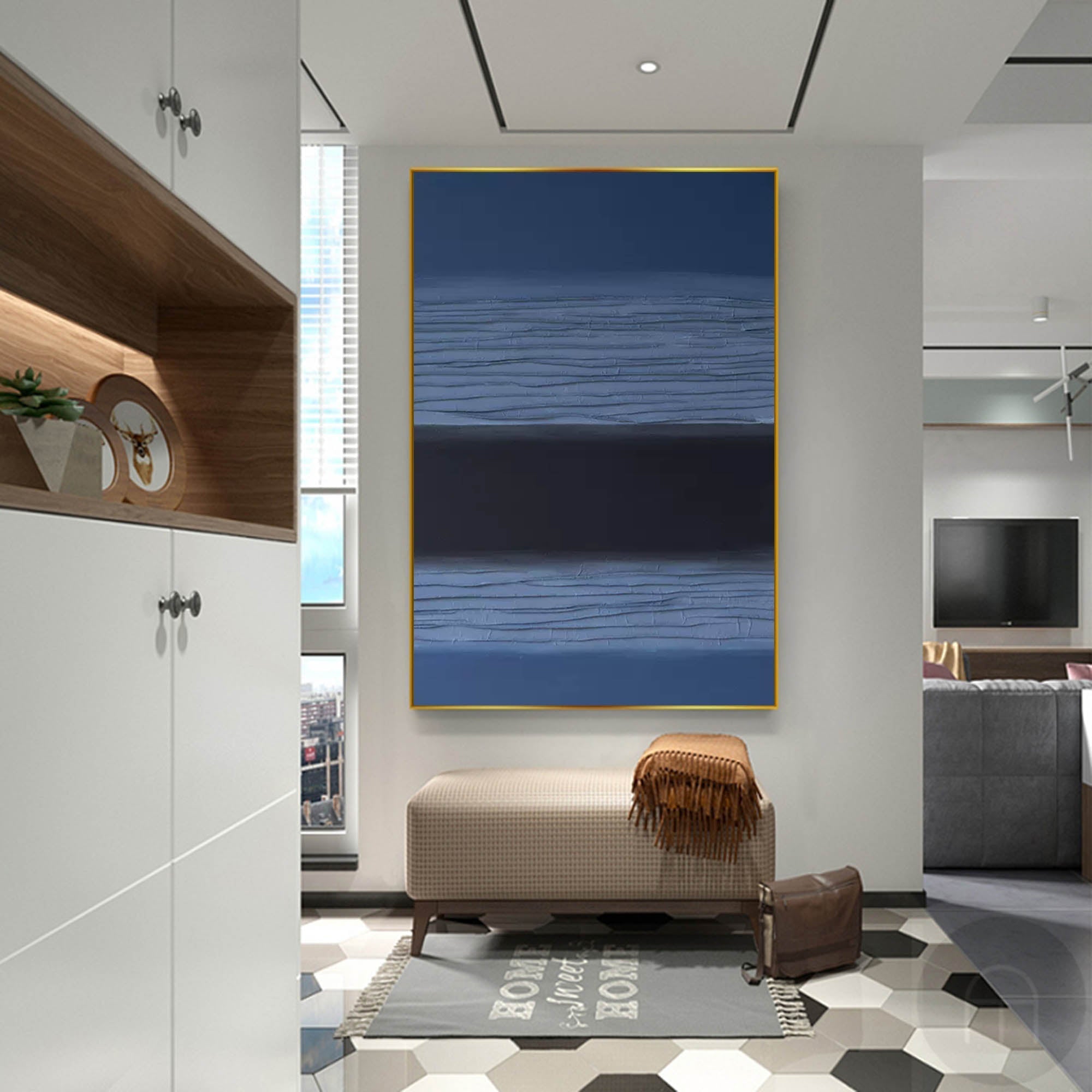 Wallart Modern Blue and Black Minimalist Oil Painting – Textured Abstract Art