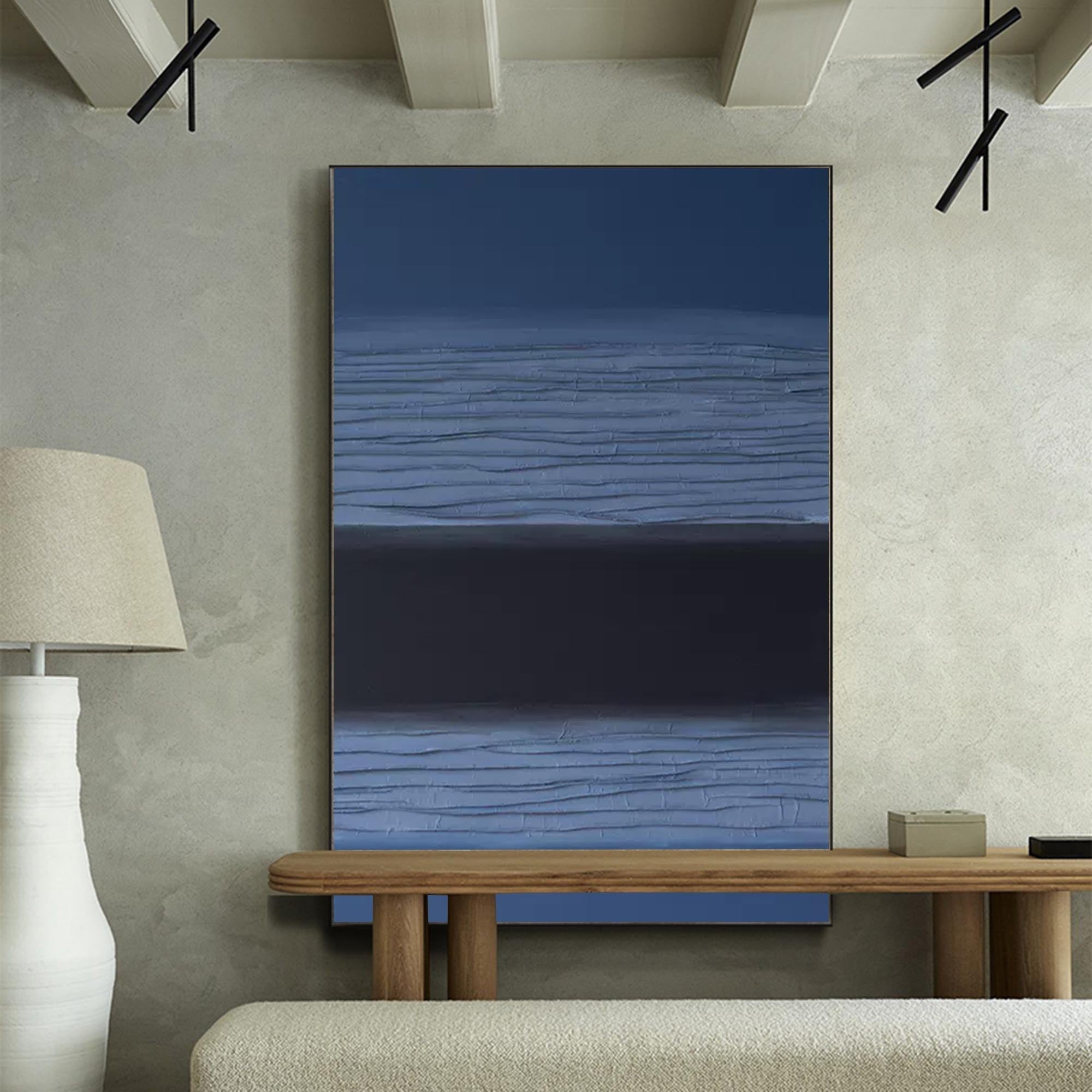 Wallart Modern Blue and Black Minimalist Oil Painting – Textured Abstract Art
