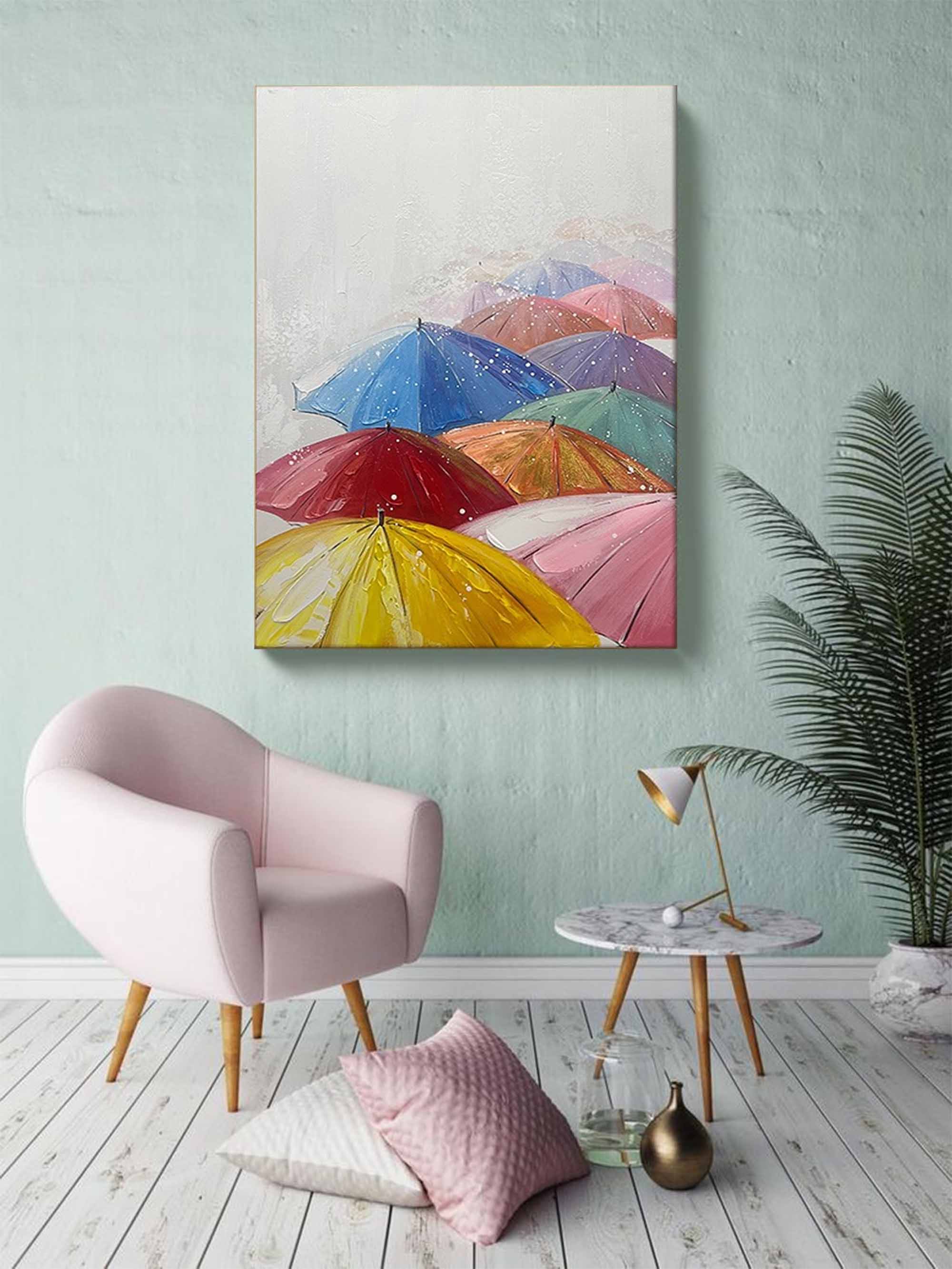 Wallart Colorful Umbrellas in the Rain Canvas Art