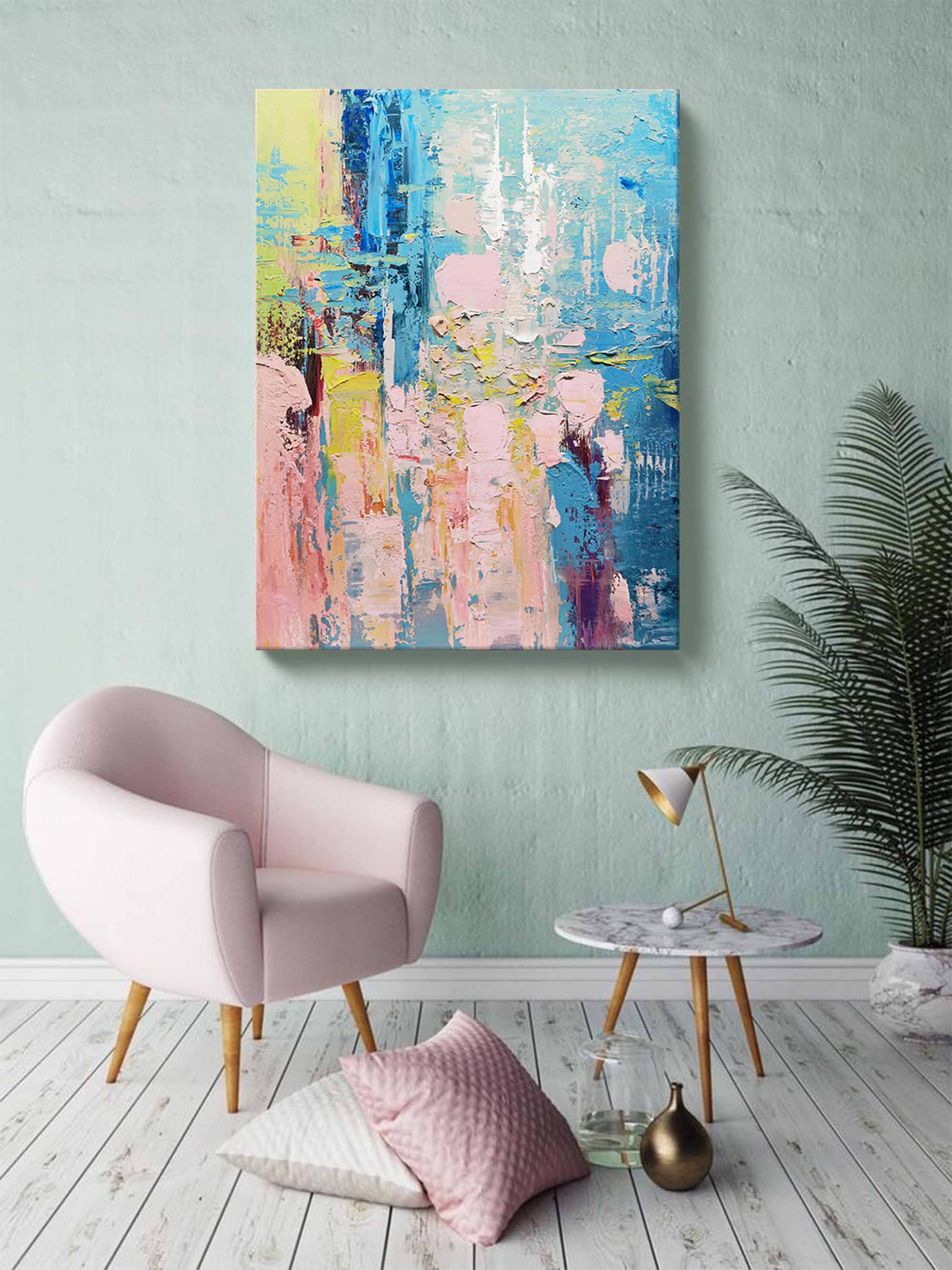 Wallart Serene Blue and Pink Abstract Textured Canvas Art