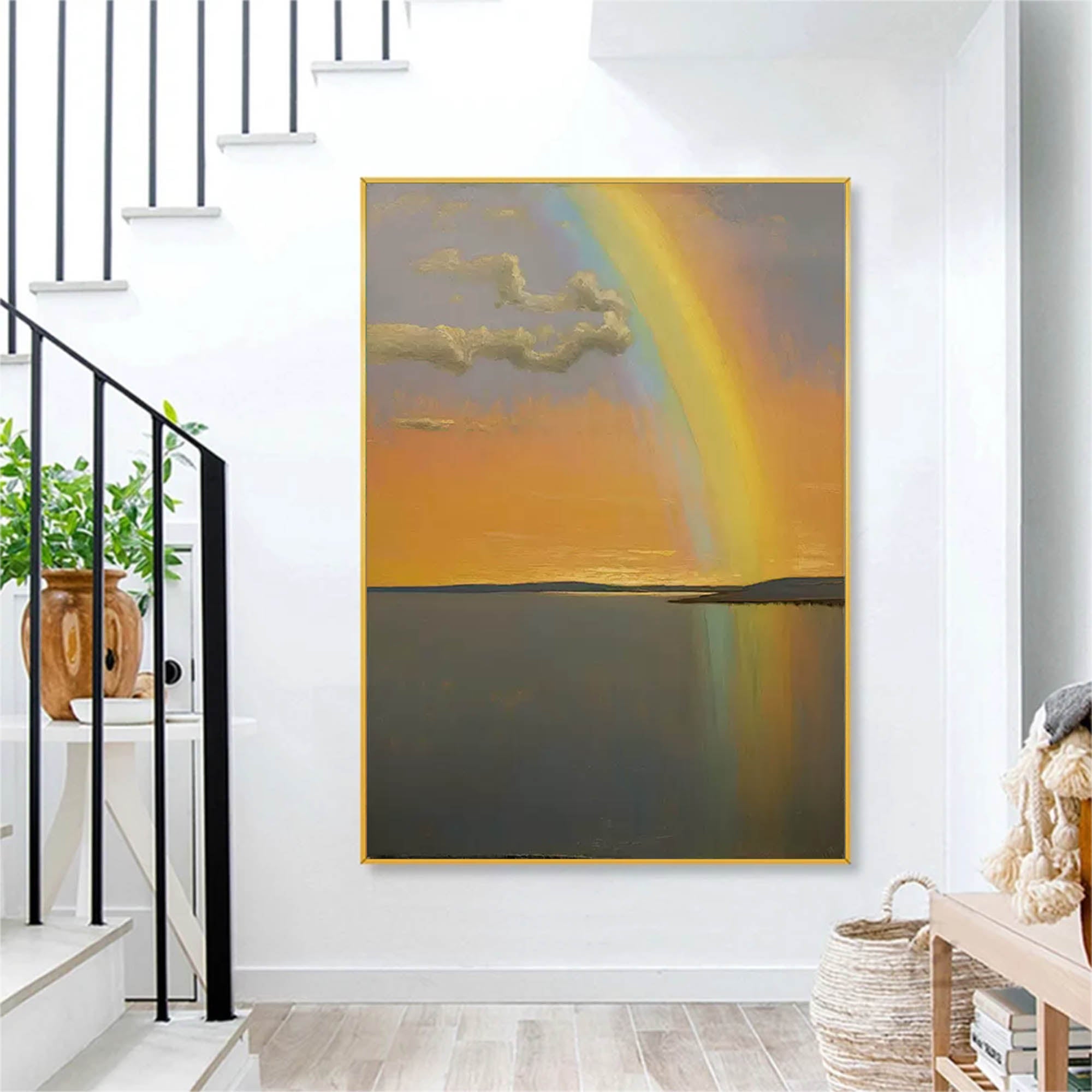 Wallart Sunset Rainbow over Tranquil Waters – Serene Landscape Painting