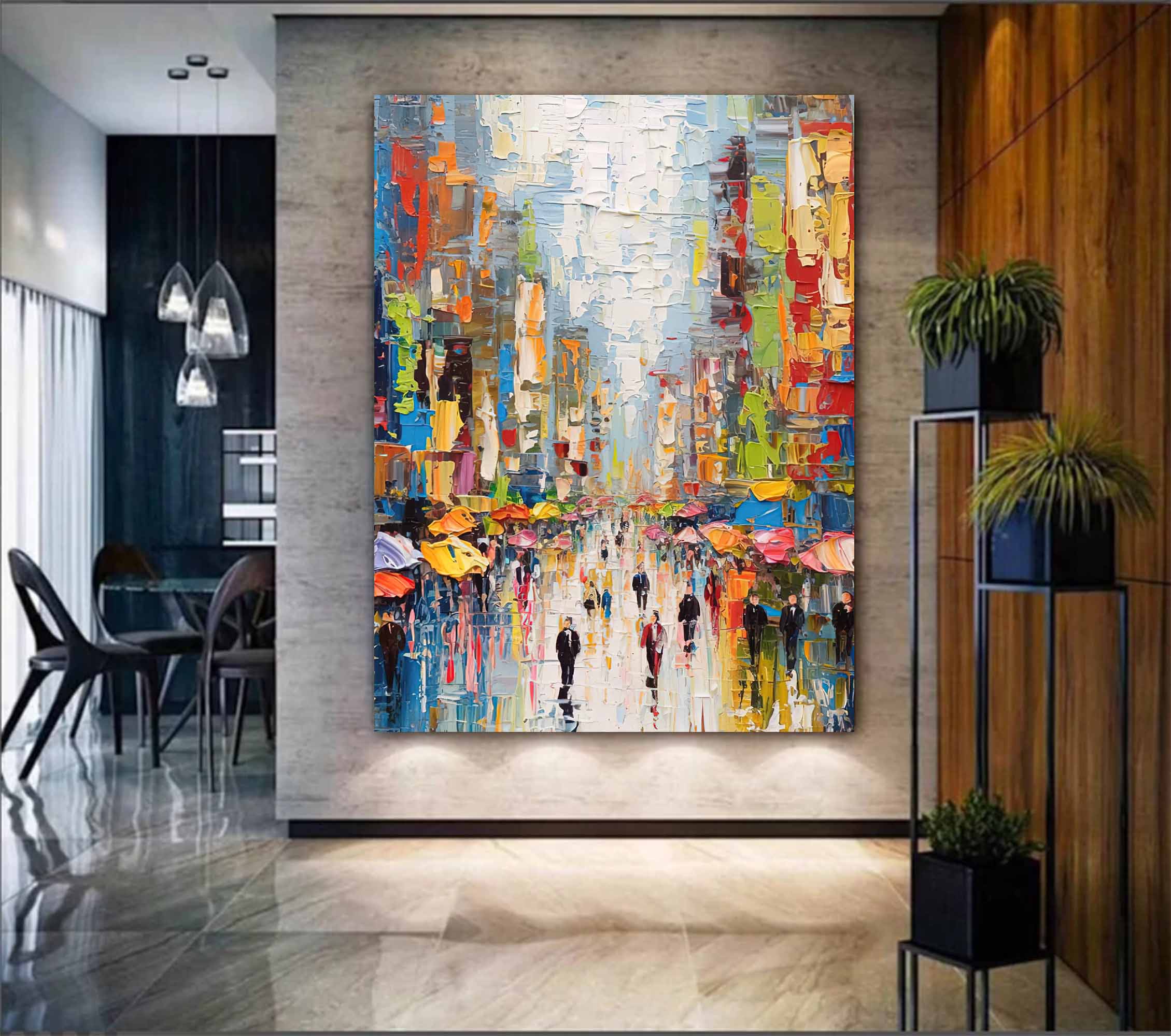 Wallart Colorful Urban Street Life Oil Painting