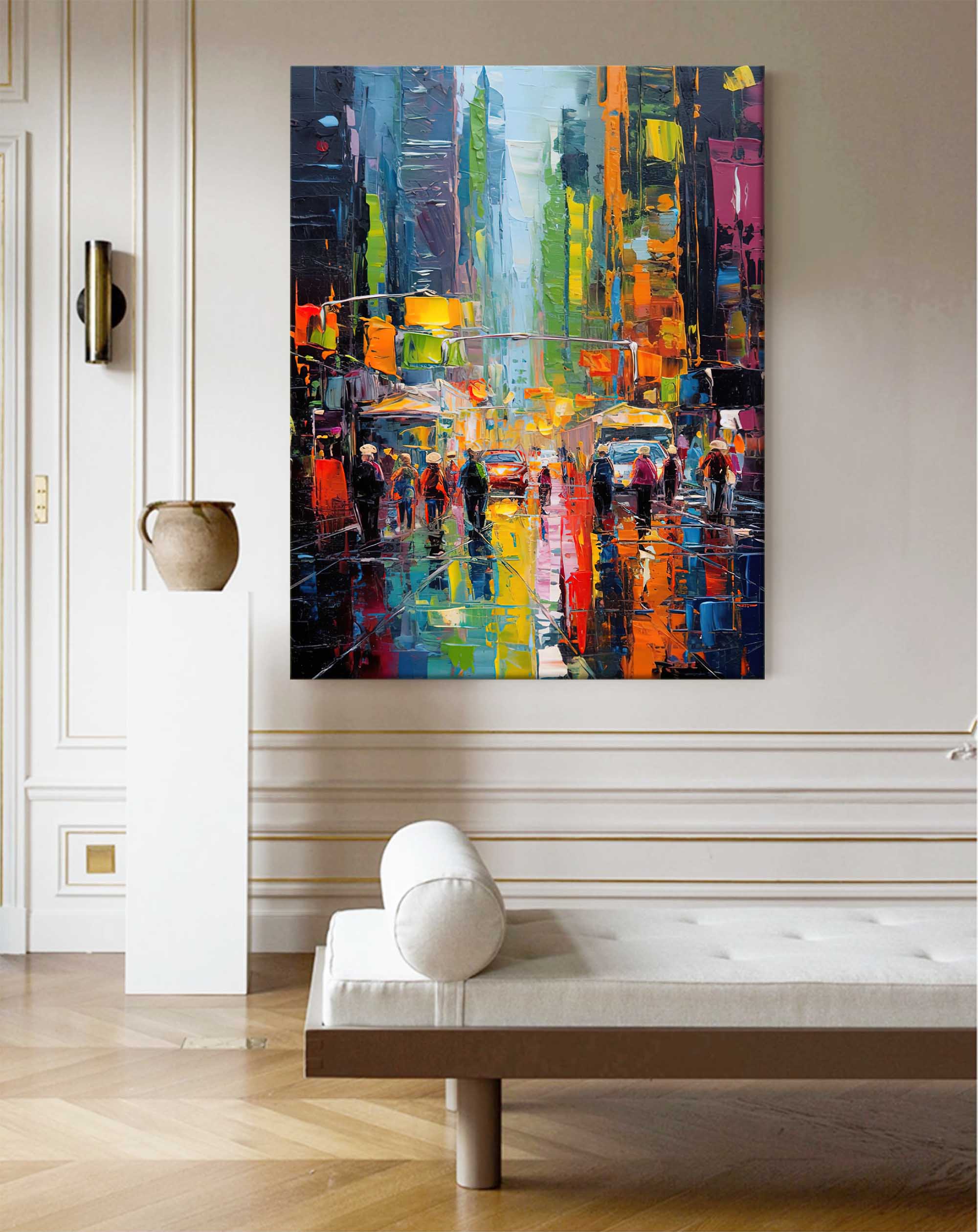 Wallart Rainy City Night Lights Oil Painting