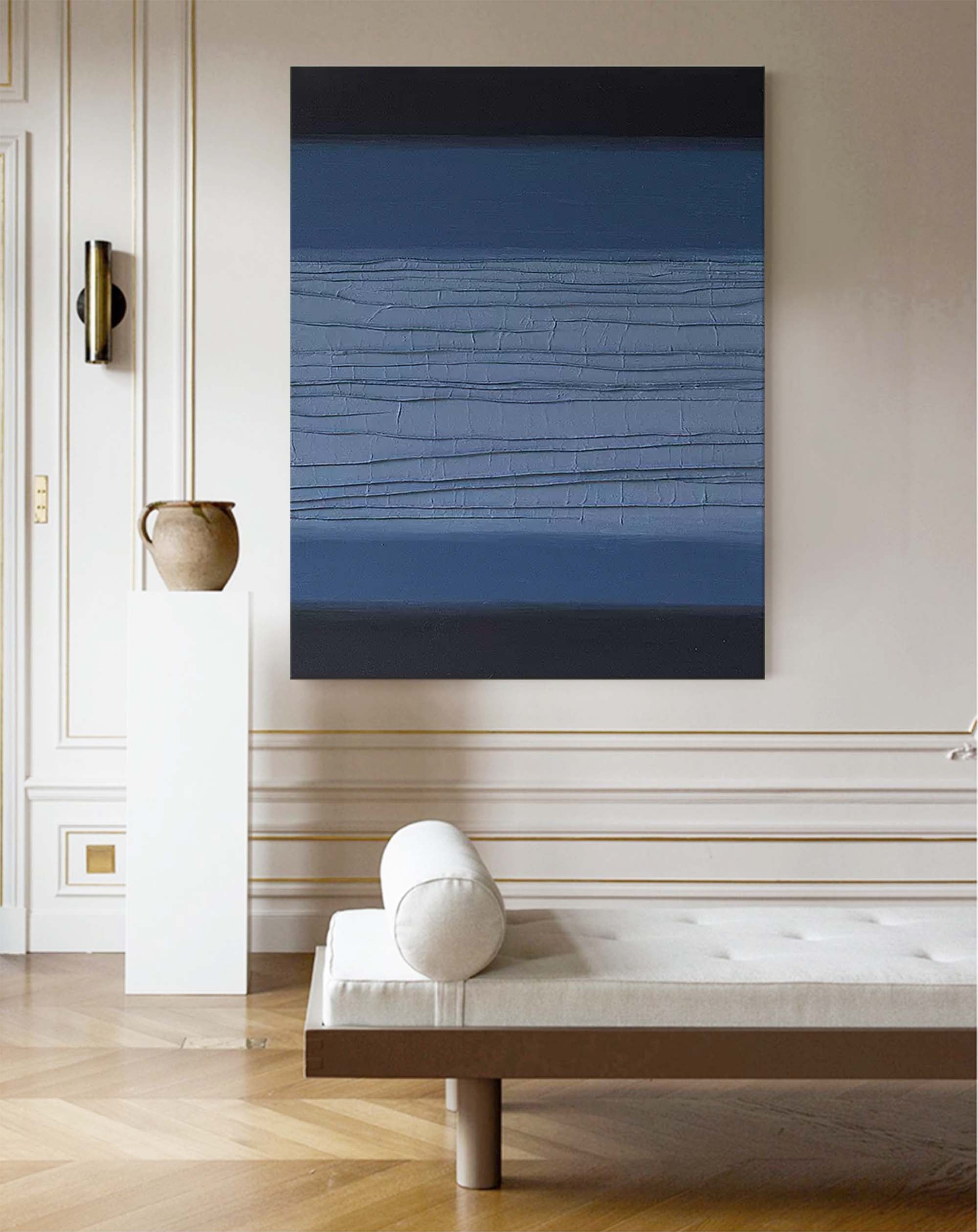 Wallart Textured Blue and Black Abstract Oil Painting – Contemporary Wall Art