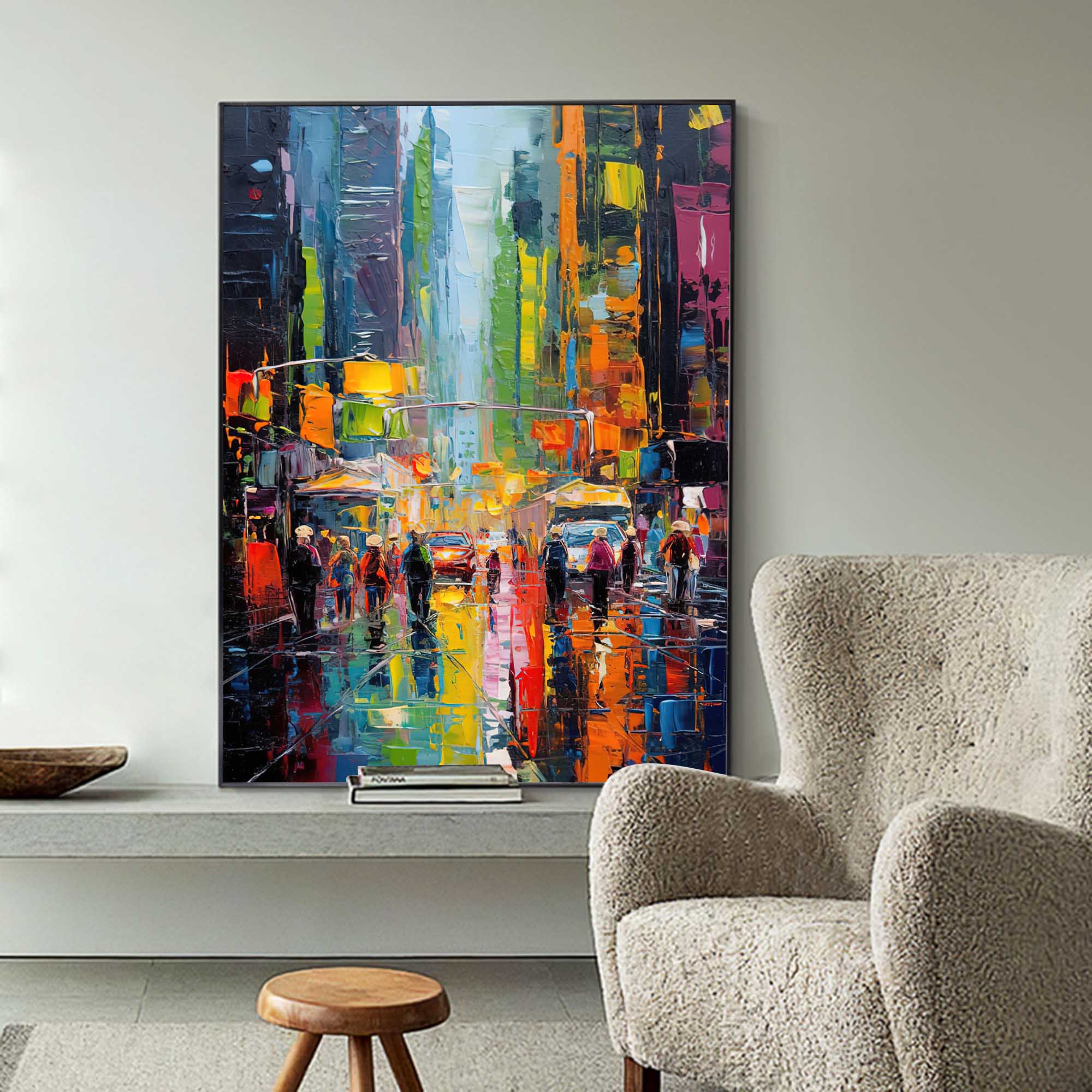 Wallart Rainy City Night Lights Oil Painting