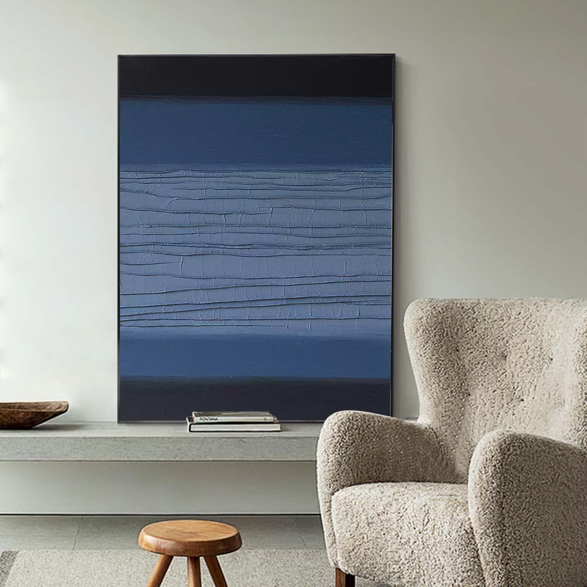 Wallart Textured Blue and Black Abstract Oil Painting – Contemporary Wall Art