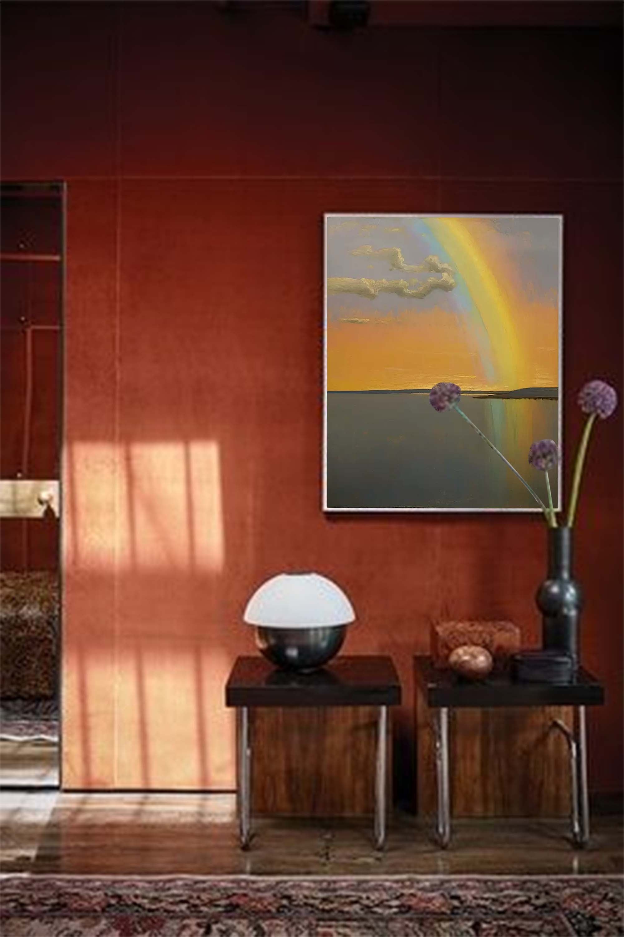 Wallart Sunset Rainbow over Tranquil Waters – Serene Landscape Painting