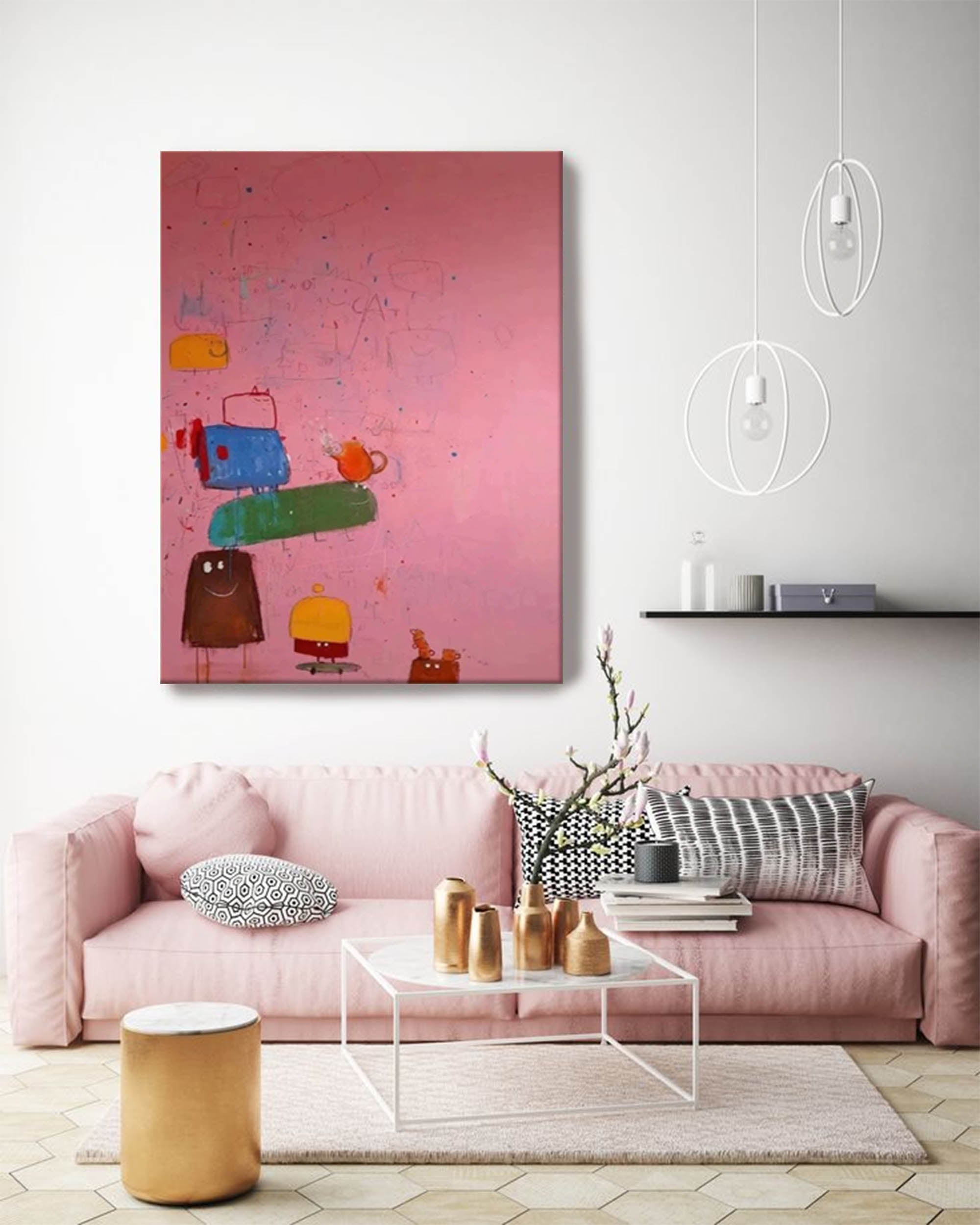 Wallart Playful Stacked Characters Pink Abstract Canvas Art