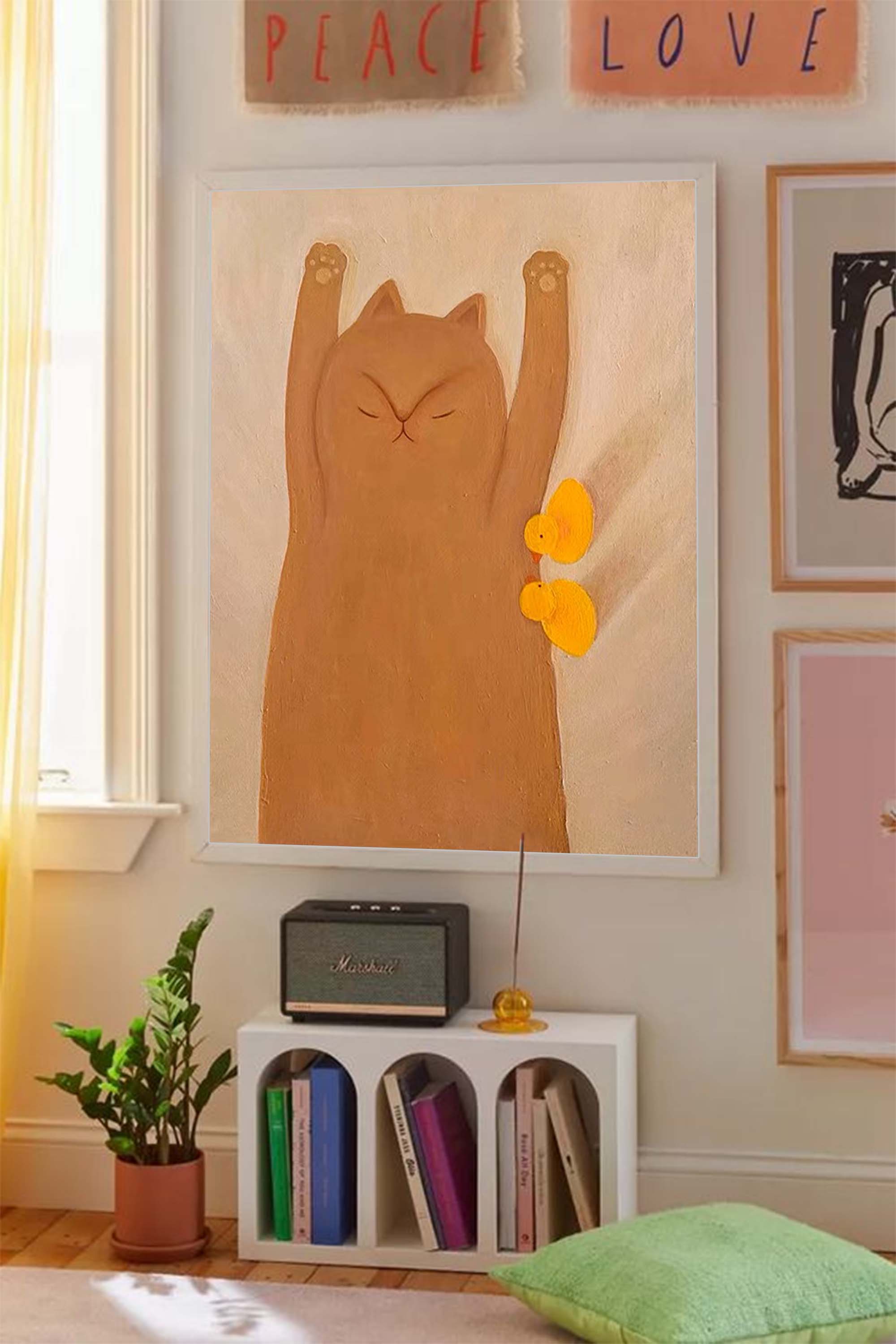 Wallart Adorable Cat and Ducks Minimalist Canvas Art