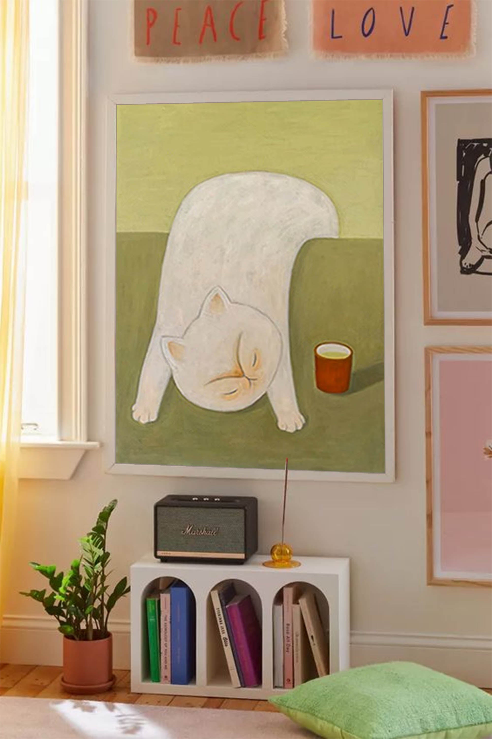 Wallart Playful White Cat with Tea Cup Canvas Art