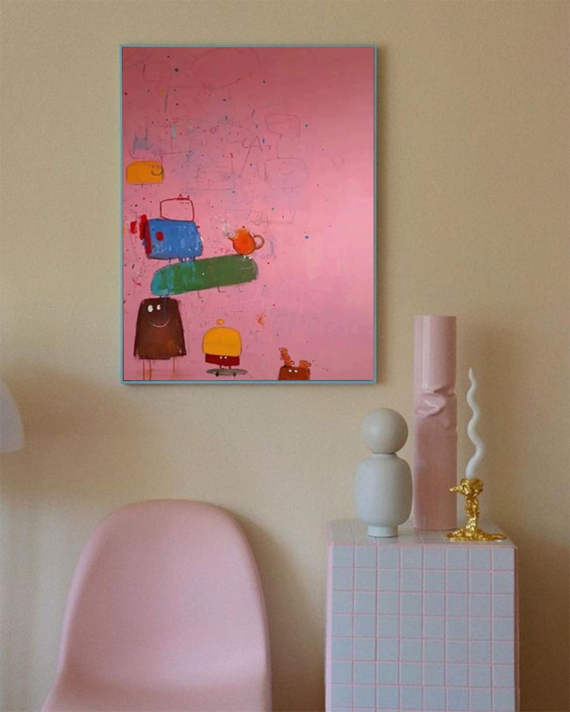 Wallart Playful Stacked Characters Pink Abstract Canvas Art