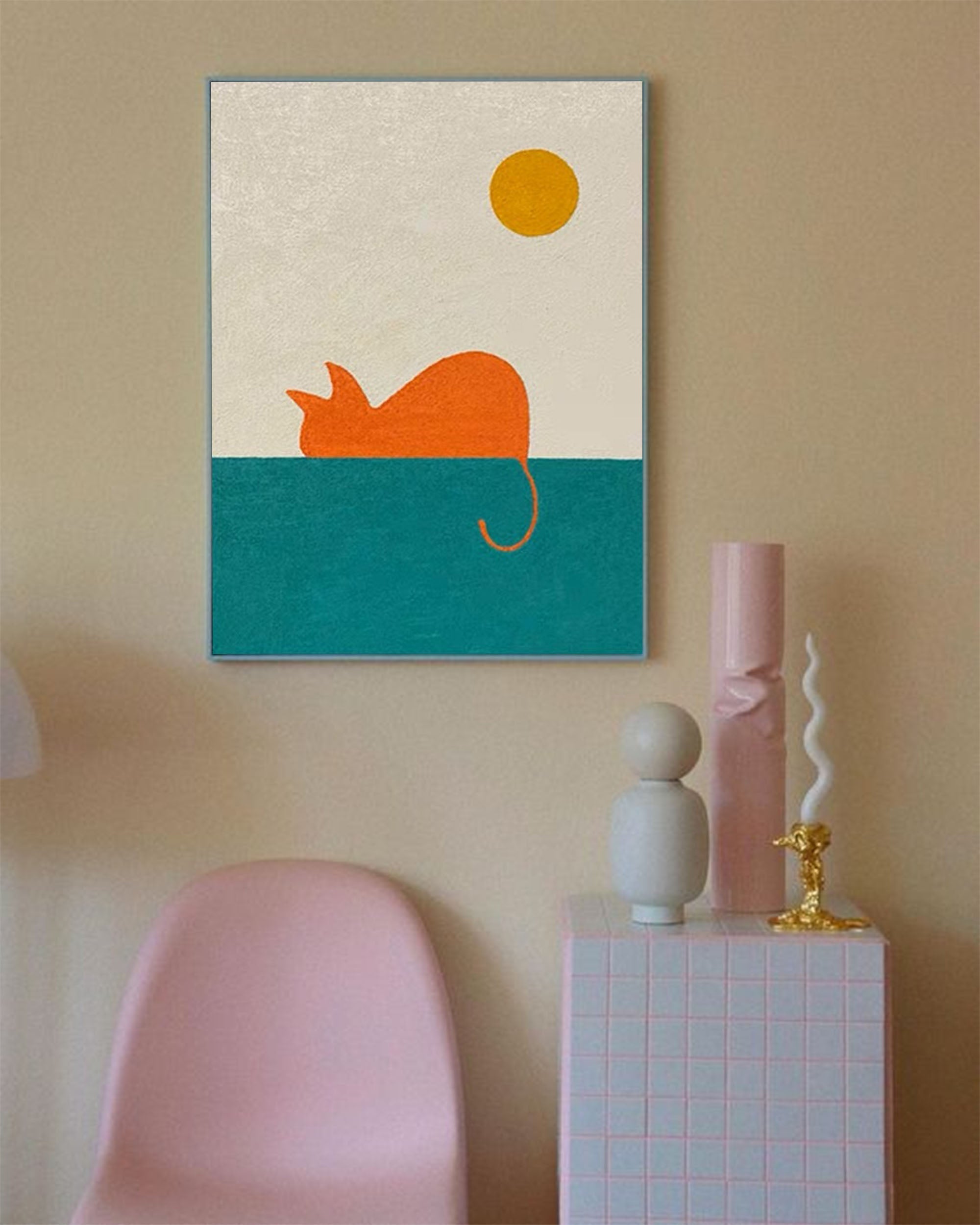 Wallart Minimalist Orange Cat in Sun Canvas Art