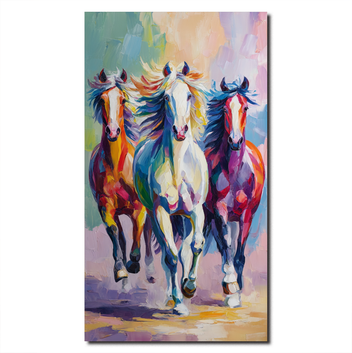 Colorful Running Horses Impressionist Oil Painting - Vibrant Animal Wall Art for Home Decor