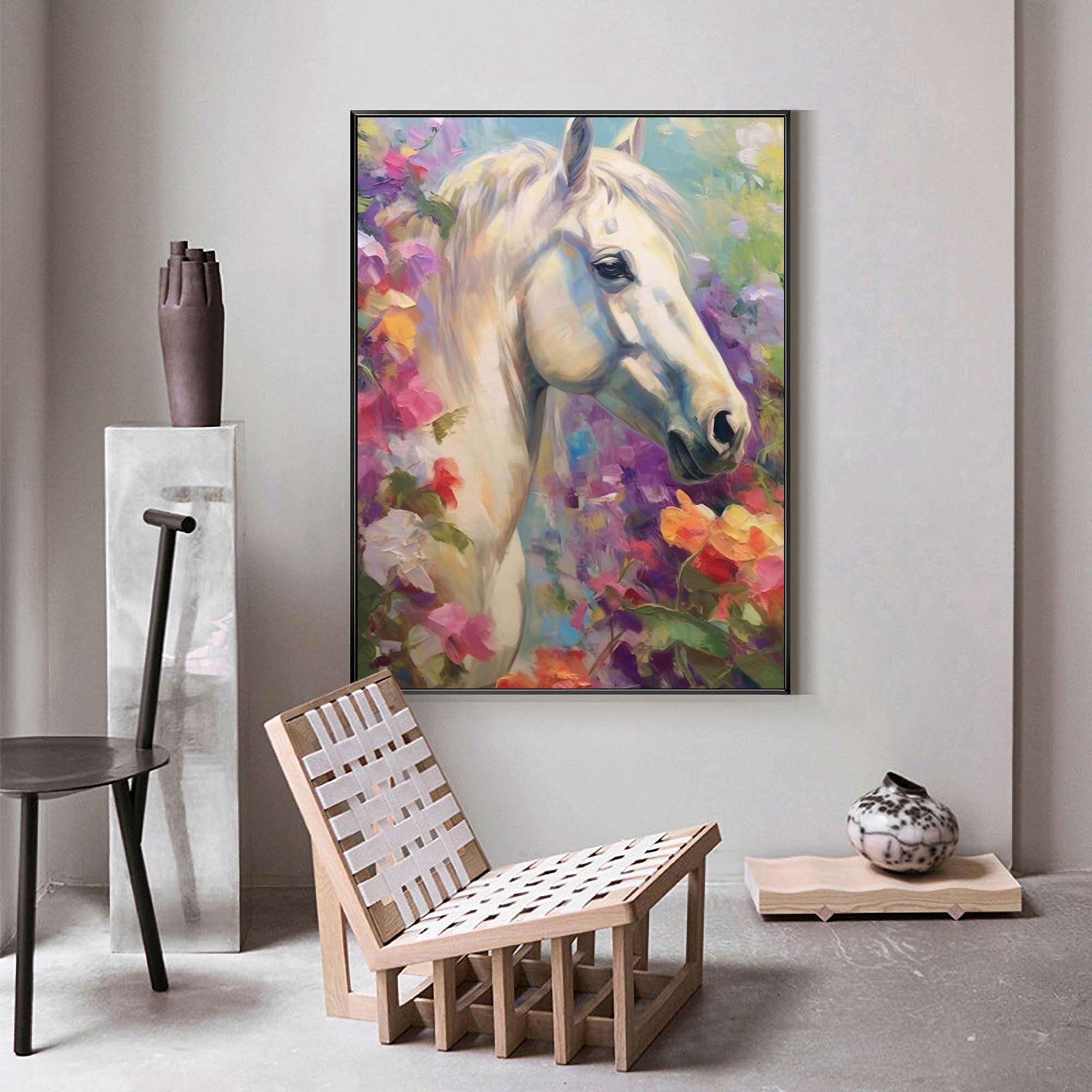 Wallart Graceful White Horse in Floral Harmony