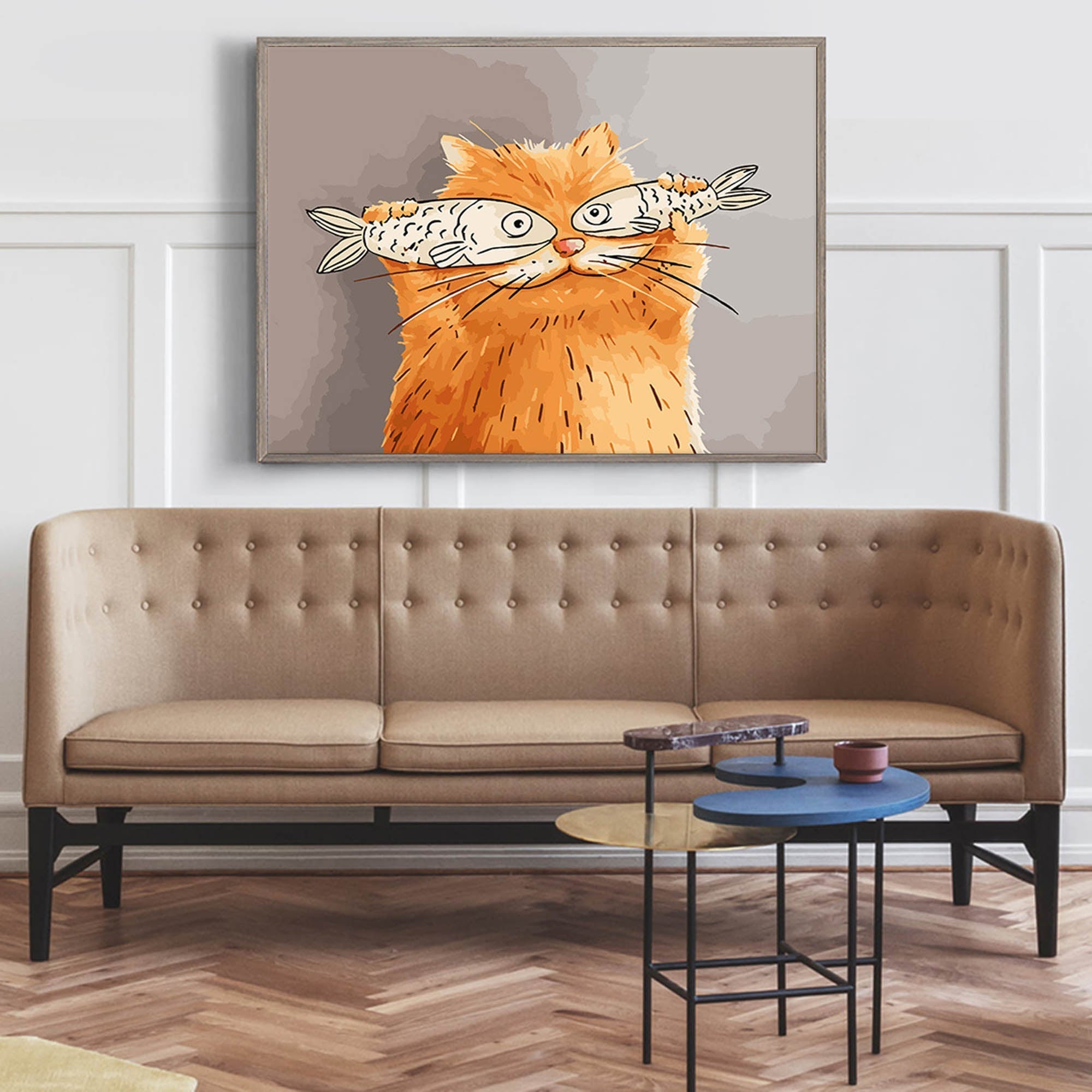 Wallart Whimsical Cat with Fish Art Print