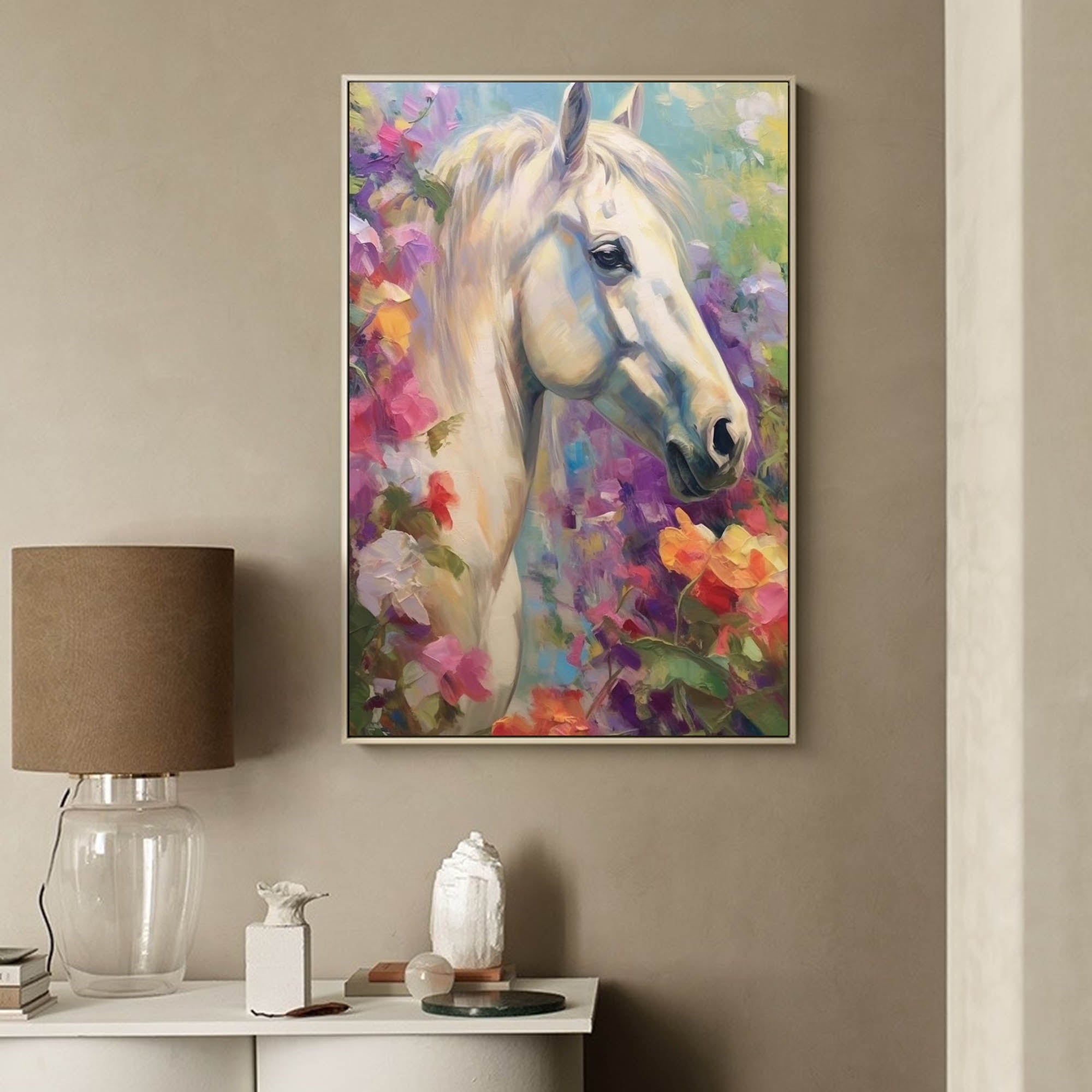 Wallart Graceful White Horse in Floral Harmony
