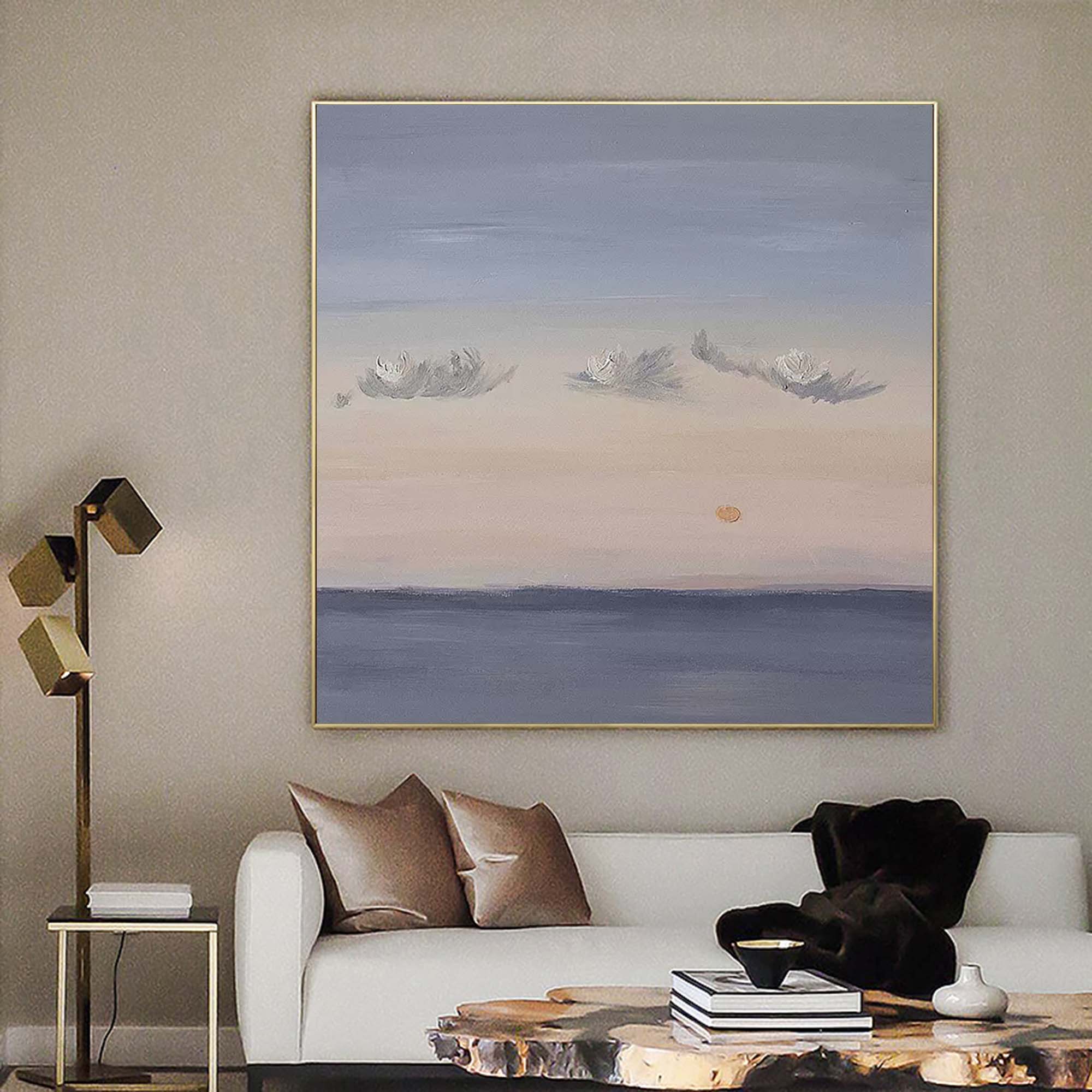 Wallart Calm Horizon Sunset Painting – Dreamy Sky and Sea Wall Art