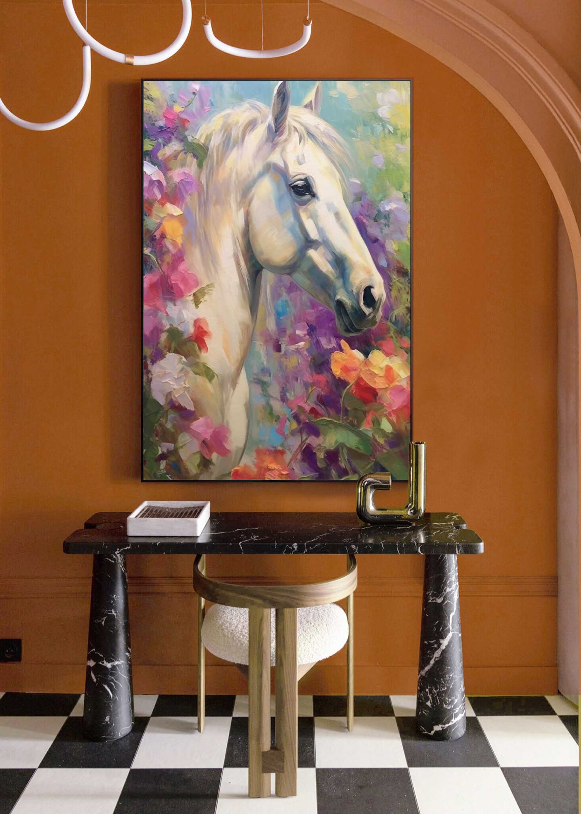 Wallart Graceful White Horse in Floral Harmony