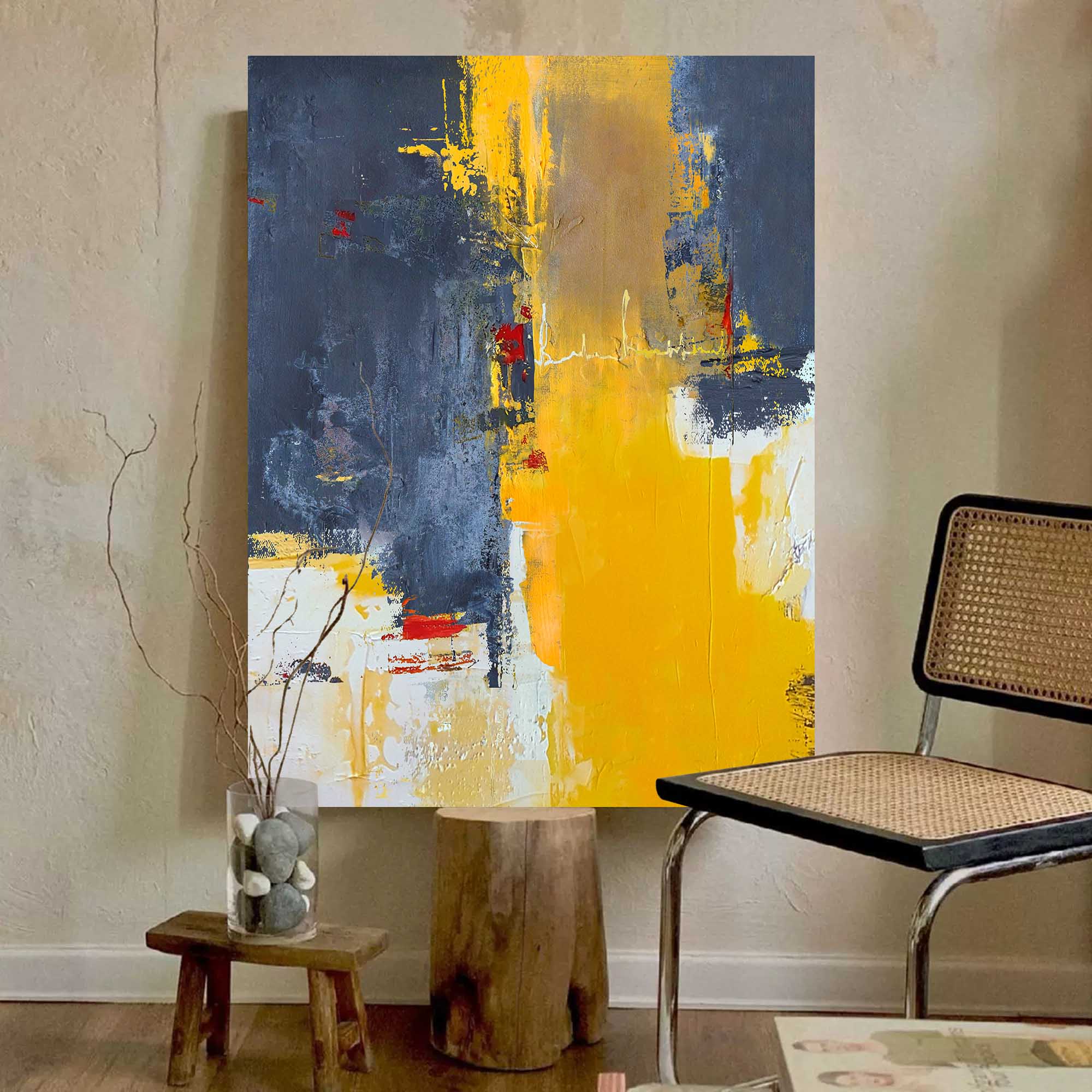 Wallart Modern Charcoal and Yellow Art