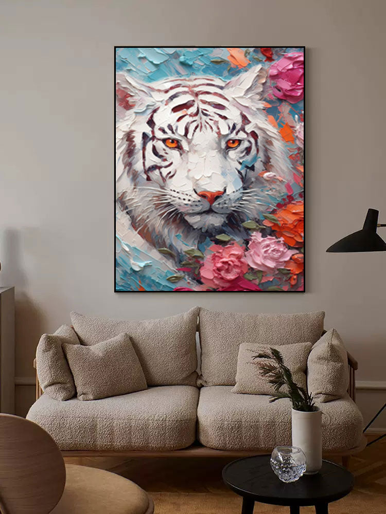 Wallart White Tiger in Blossoms: Bold Elegance