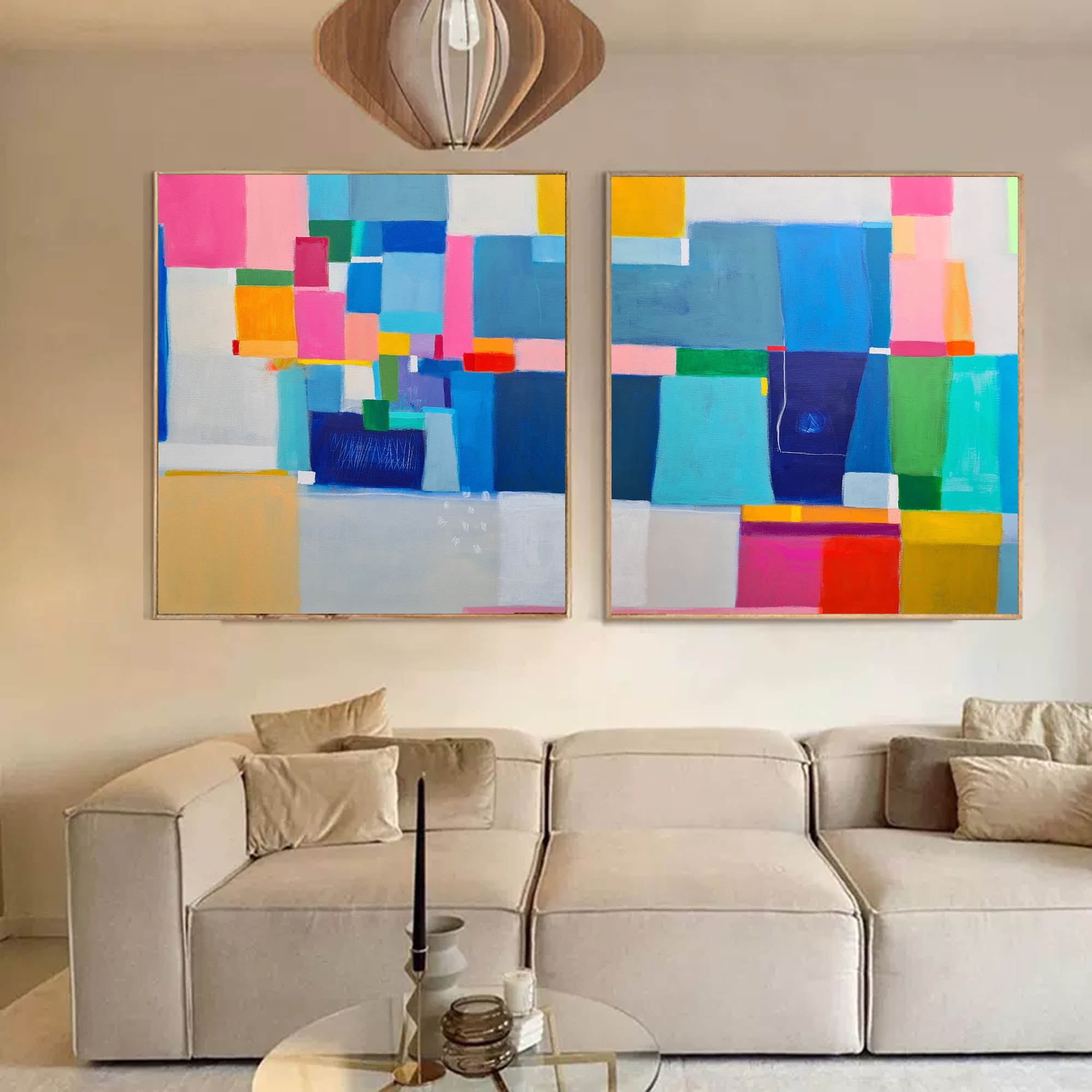 Wallart Modern Geometric Color Block Diptych Canvas Art